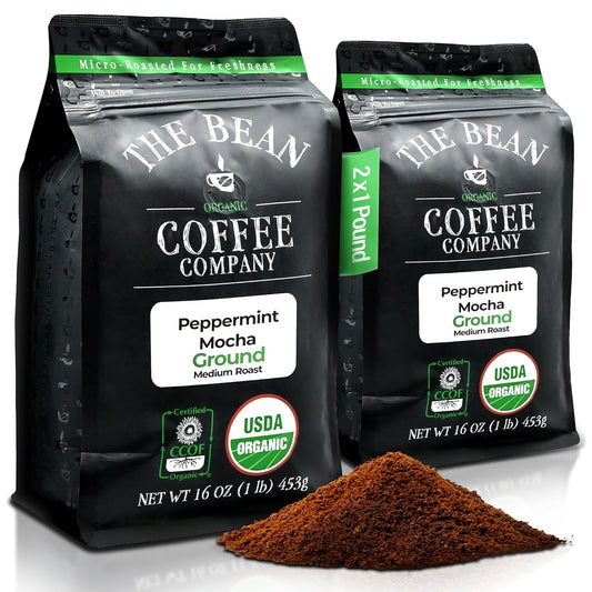The Bean Organic Coffee Company Peppermint Mocha, Medium Roast, Ground Coffee, 16-Ounce Bags (Pack of 2), Café molido tostado orgánico