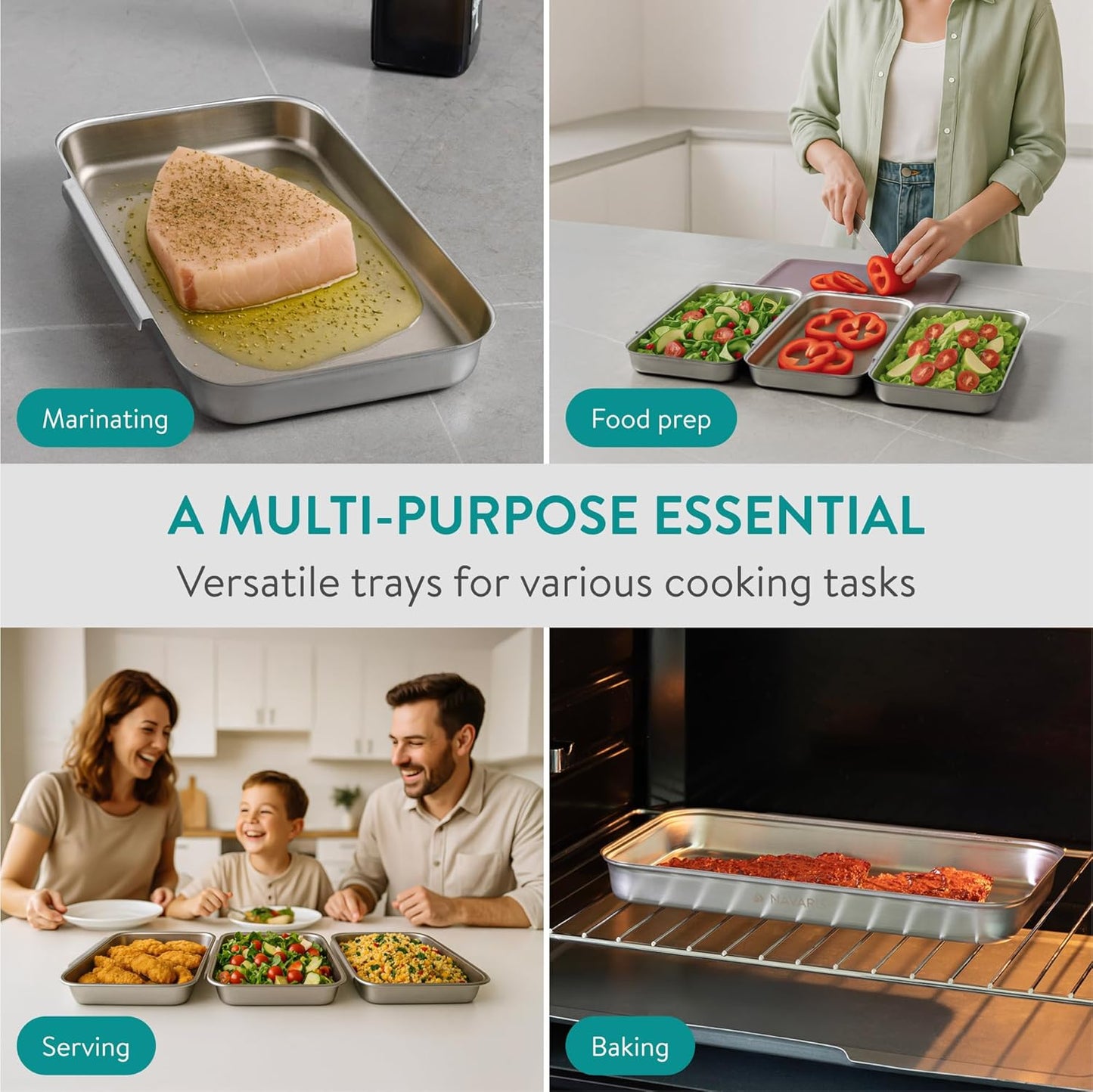 Navaris Stainless Steel Breading Trays, Set of 6 - Interlocking & Stackable Tray Design - 27x15cm Baking and Cooking Sheets - Oven and Dishwasher Ready for Versatile Kitchen Use