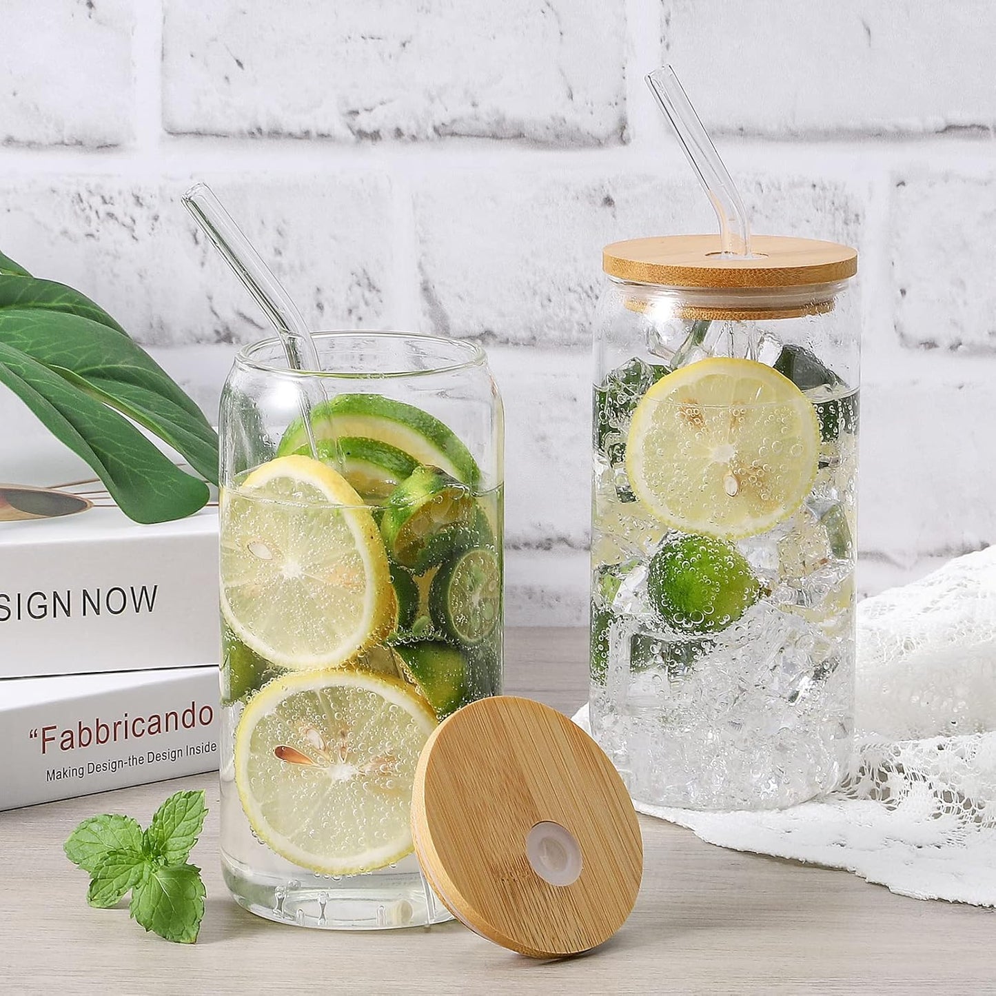 Glass Cups with Lid and Straw, 16oz Beer Glasses Glass Coffee Cups, Iced Coffee Cups with Lid, Glass Tumbler with Straw and Lid (4 PACK)