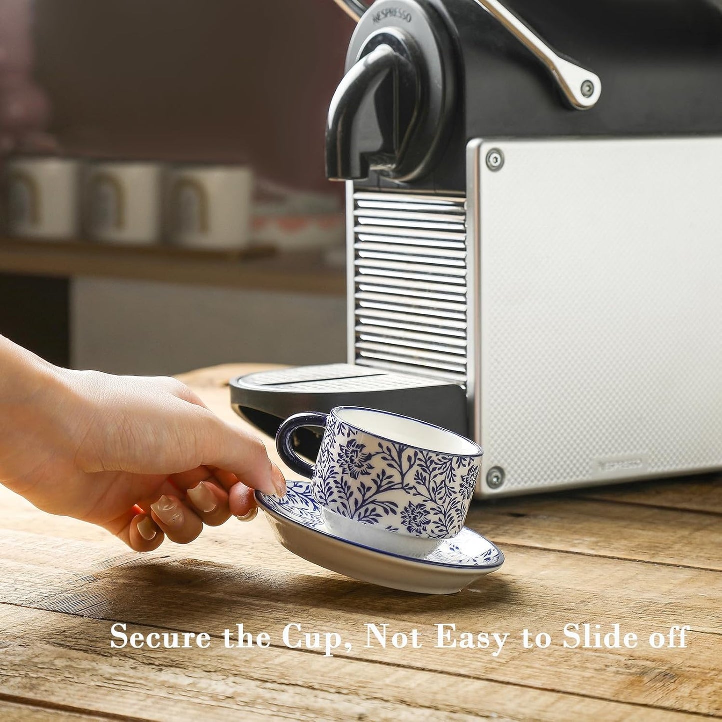 Selamica Ceramic Espresso Cups with Saucers, 2.5 OZ Stackable Demitasse Cups with Metal Stand, Mini Espresso Mugs for Latte Coffee Café Mocha Tea, Set of 6, Vintage Blue