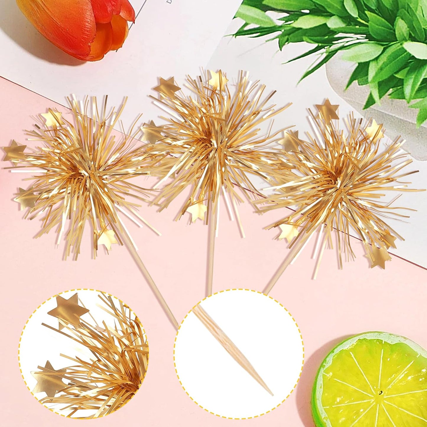30 PCS Foil Firework Cupcake Toppers Happy Birthday Cake Toppers Star Sparkle Tinsel Flower Drink Stirrers Cocktail Fruit Toothpicks for Valentine's Day Baby Shower Birthday Party Supplies Gold