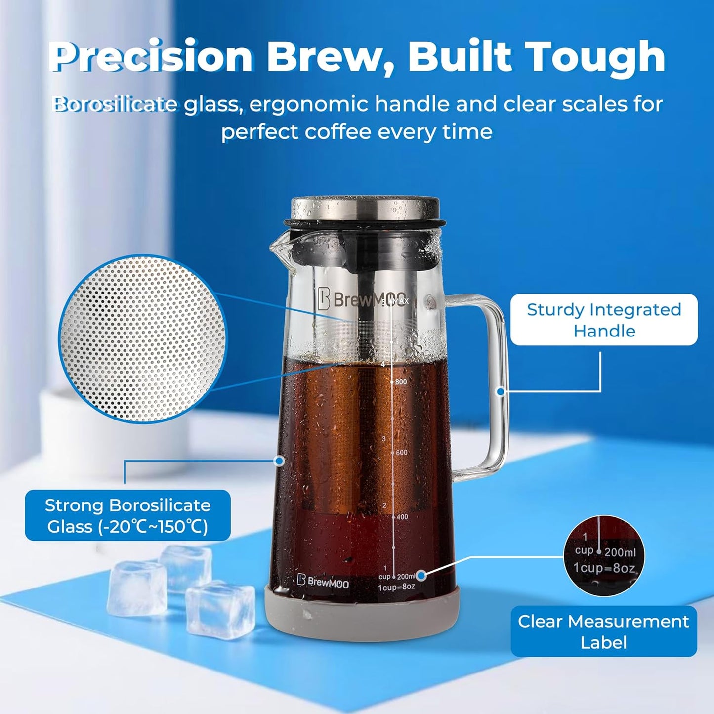 BrewMOO- Airtight Cold Brew Coffee Maker Pitcher, 1.0L/34Oz Thick Glass Carafe with Filter, Comfort Sturdy Handle & Wide Spout, Non-Slip Base | Iced Tea Maker (Grey)