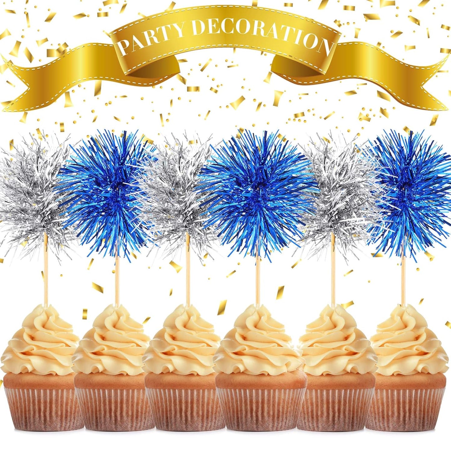 Chinco 100 Pcs Foil Firework Cupcake Toppers Sparkle Tinsel Cake Toppers Cake Decoration Cocktail Fruit Toothpick for Birthday Wedding Graduation Party(Silver, Blue)
