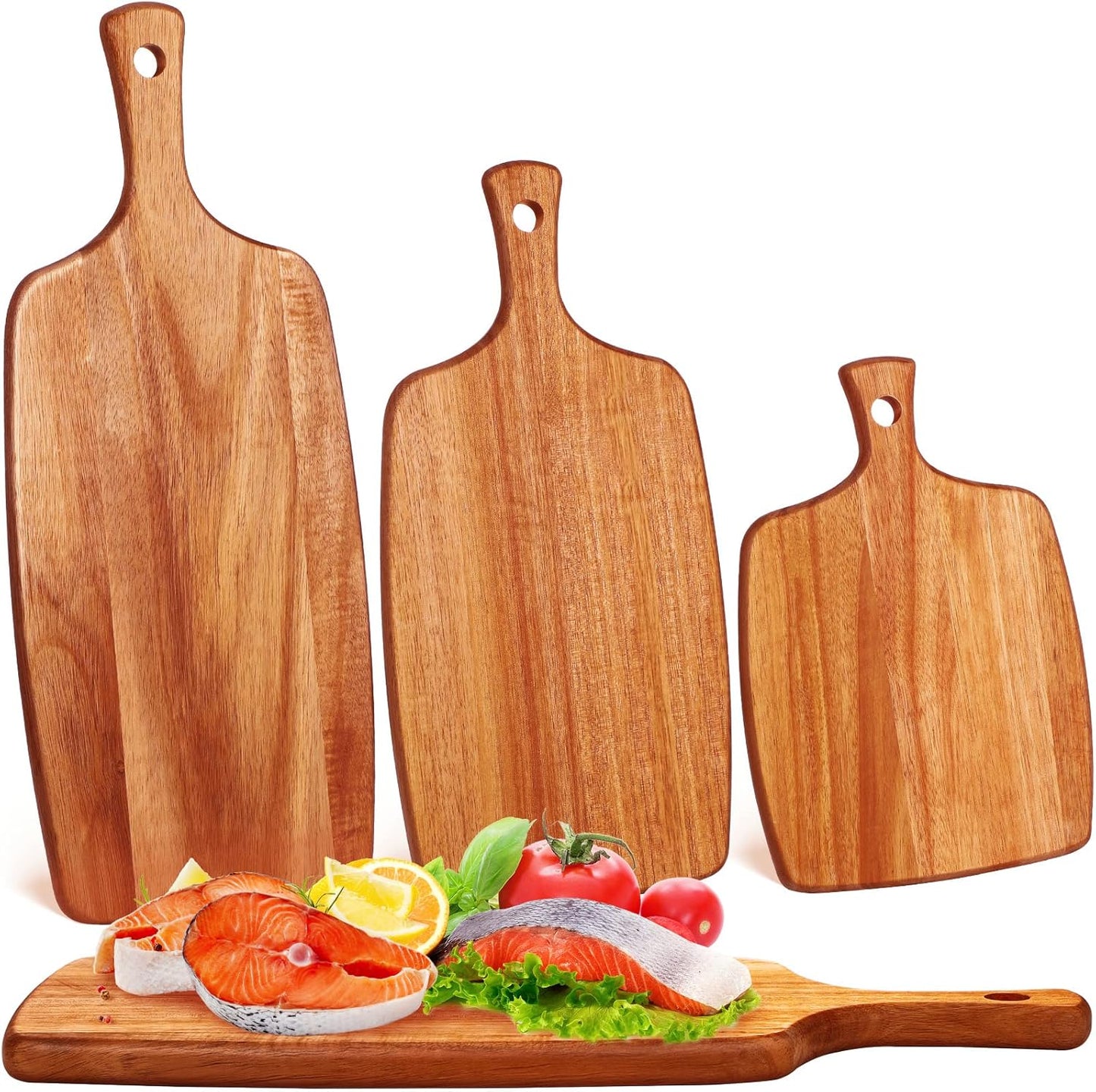 Kathfly 3 Pcs Acacia Wood Cutting Board with Handle Wooden Laser Kitchen Serving Charcuterie Board for Vegetables Meat Pizza Cheese Fruit Bread(17x7, 14x7, 10x7 Inch)