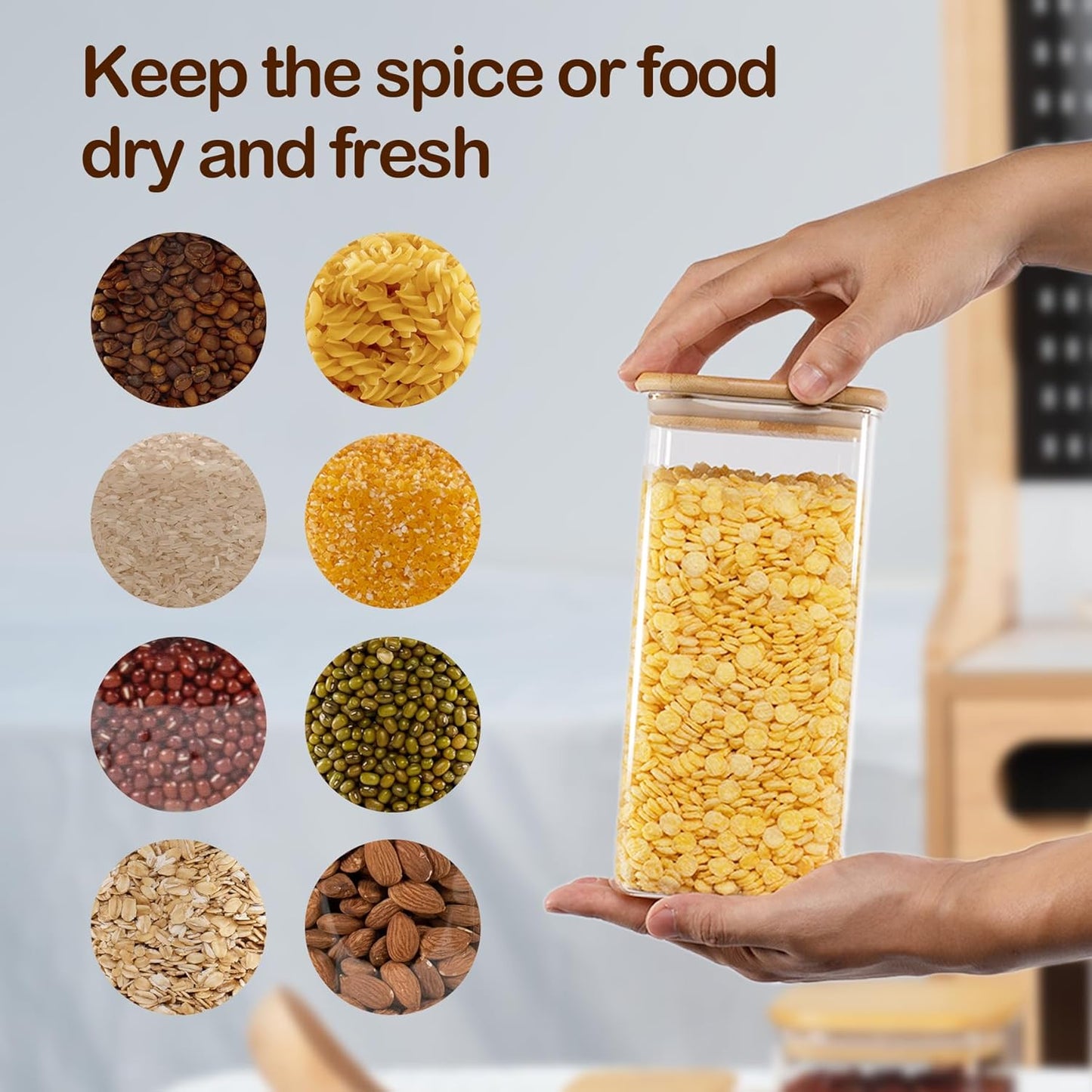 52oz Airtight Glass Square Storage Canister with Bamboo Lid Set of 3 (1550ml) Container Stackable Spice Jar, Kitchen Canister for Flour, Cookies, Cereal and Coffee beans (‎with Black Lable)