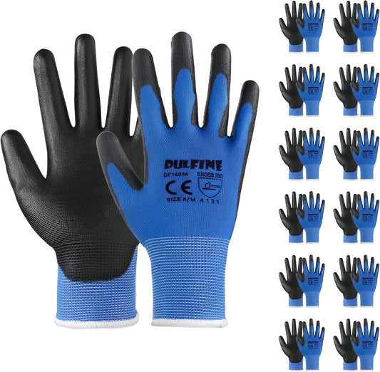 DULFINE Safety Work Gloves PU Coated-12 Pairs,Blue Seamless Knit Glove with Polyurethane Coated Smooth Grip on Palm & Fingers, for Men and Women, Ideal for General Duty Work (Medium)