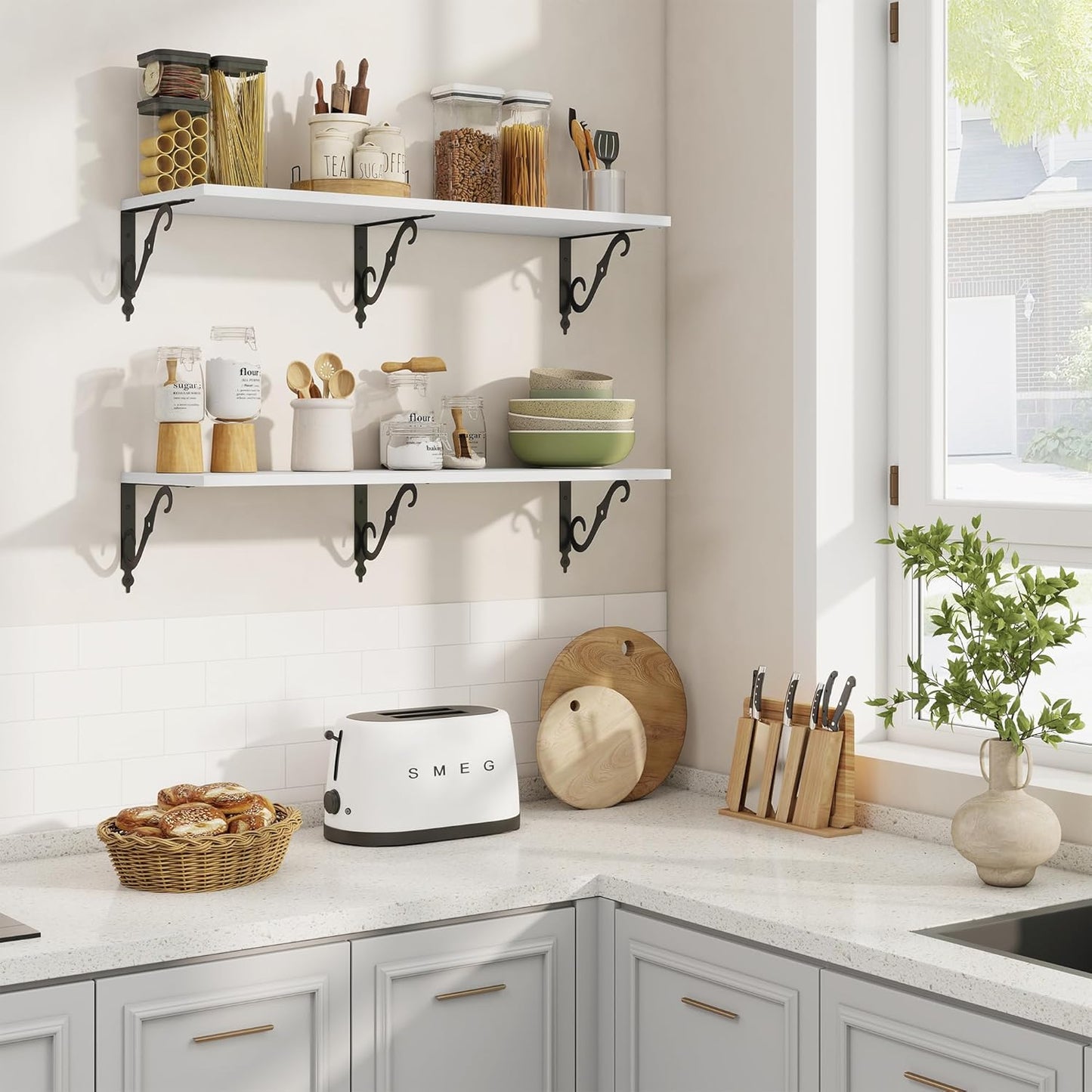 RICHFOCUS 12 Inch Deep Floating Shelves for Wall, 36" W x 12" D Wood Wall Shelves Set of 2, Wide Floating Shelves for Living Room, Bedroom, Kitchen, Bathroom and Decor Storage, White