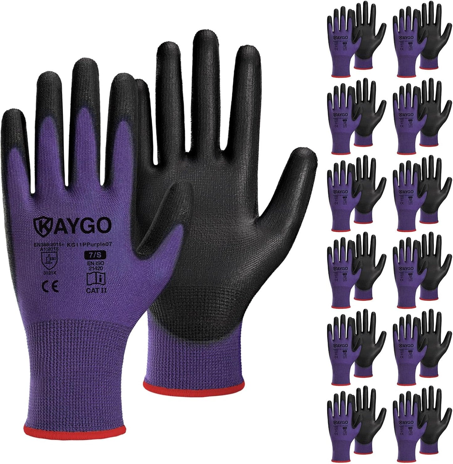 KAYGO Safety Work Gloves PU Coated,12 Pairs KG11PB Seamless Knit Glove for Men and Women, with Smooth Grip on Palm and Fingers, Ideal for General Duty Work (Small, Purple)