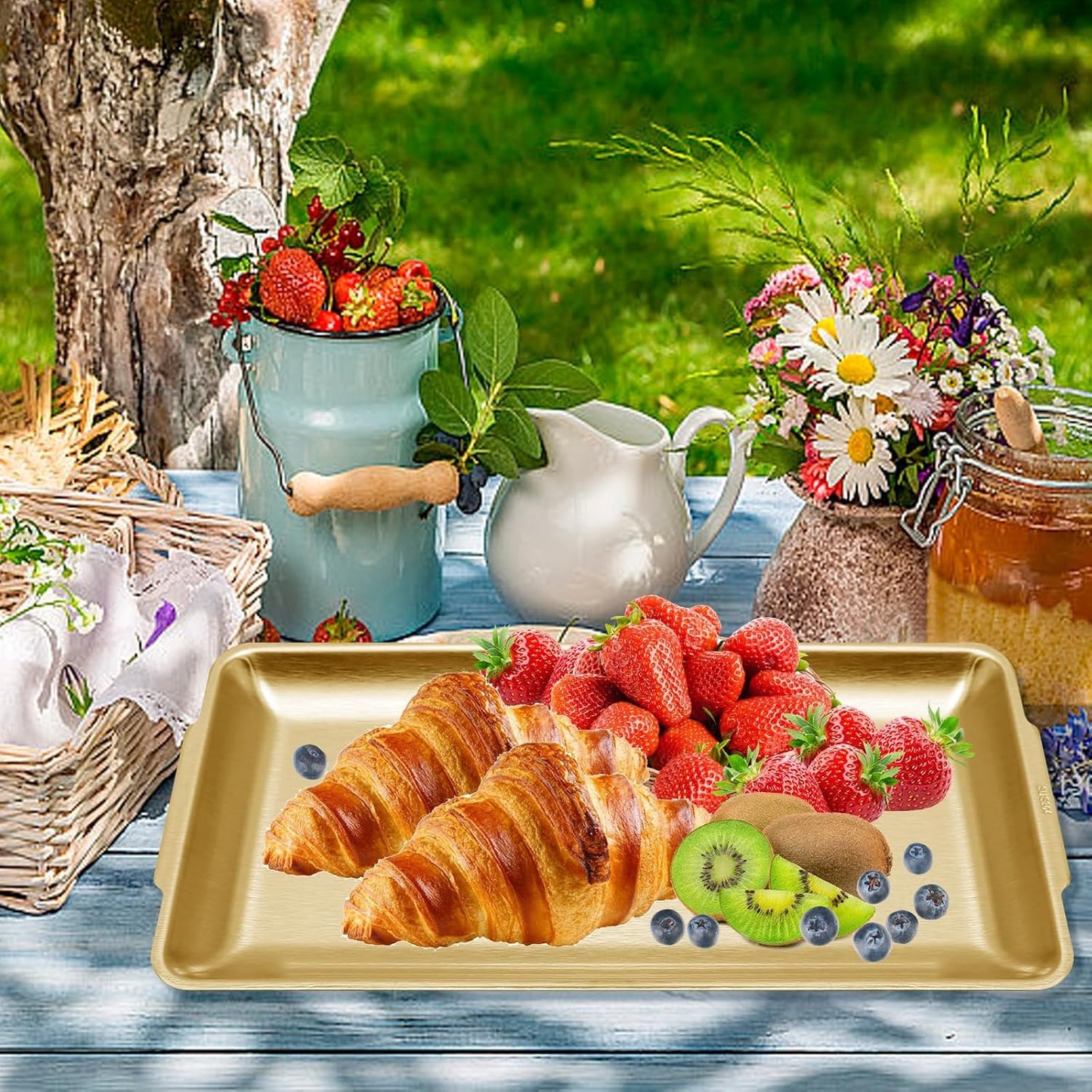 3Pcs 304 Stainless Steel Food Serving Tray, 12.6" Rectangular Serving Platters Multipurpose for Kitchen,Party Organizer Tray for Buffet Brushed Nickel (Gold)