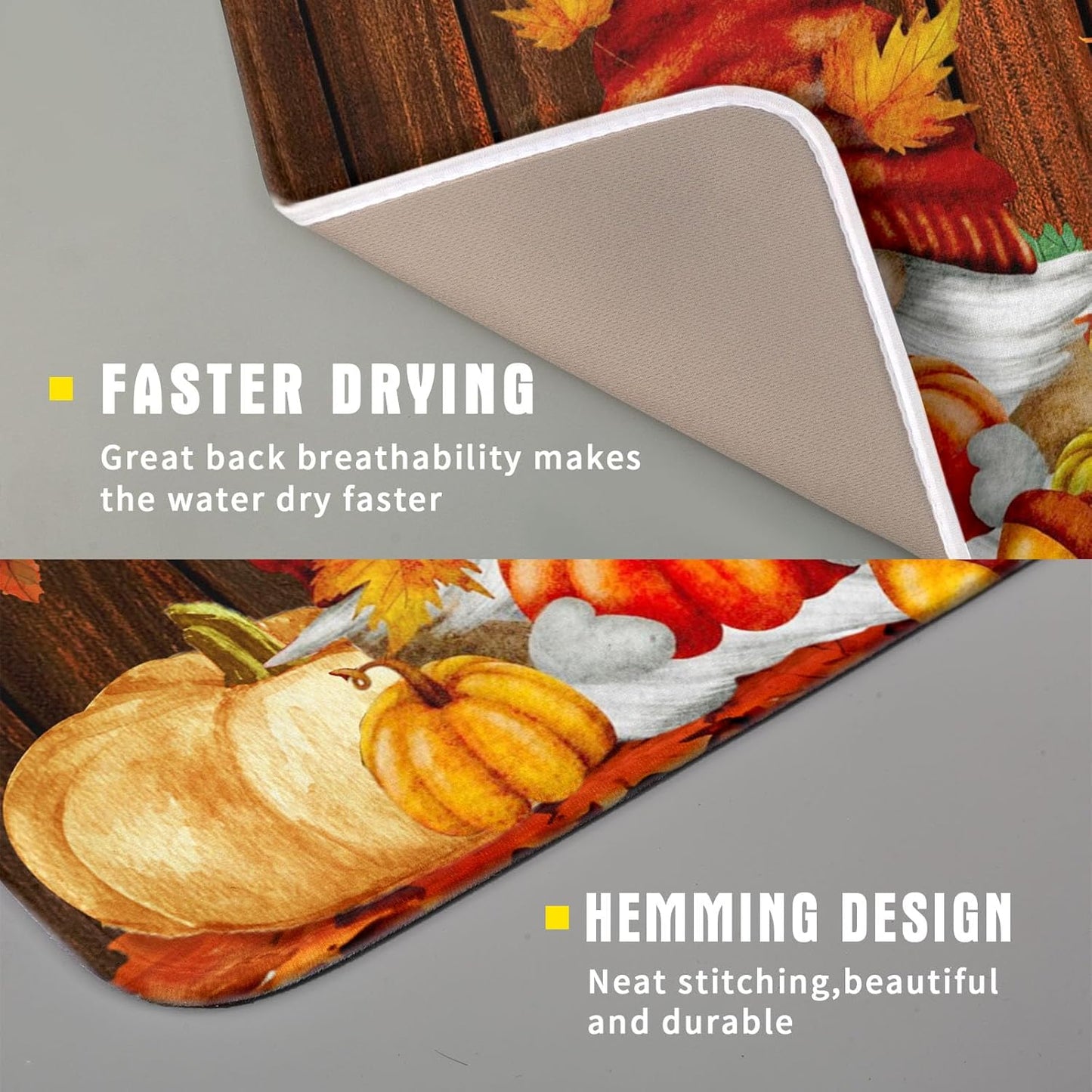 Fall Gnome Dish Drying Mat for Kitchen Counter,Autumn Pumpkin Maple Leaves Drying Mat 16 x 18 Inch Microfiber Dark Brown Wood Dish Drying Pad Dish Rack Drainer Mat Thanksgiving Day Decor