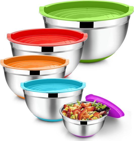 TeamFar Mixing Bowls with Lids Set, 1/1.5/2.5/3.5/7 QT, Stainless Steel Large Metal Nesting Salad Bowl Set of 5, Healthy & Sturdy, Non-slip Bottom & Airtight Lid, Multi-Color