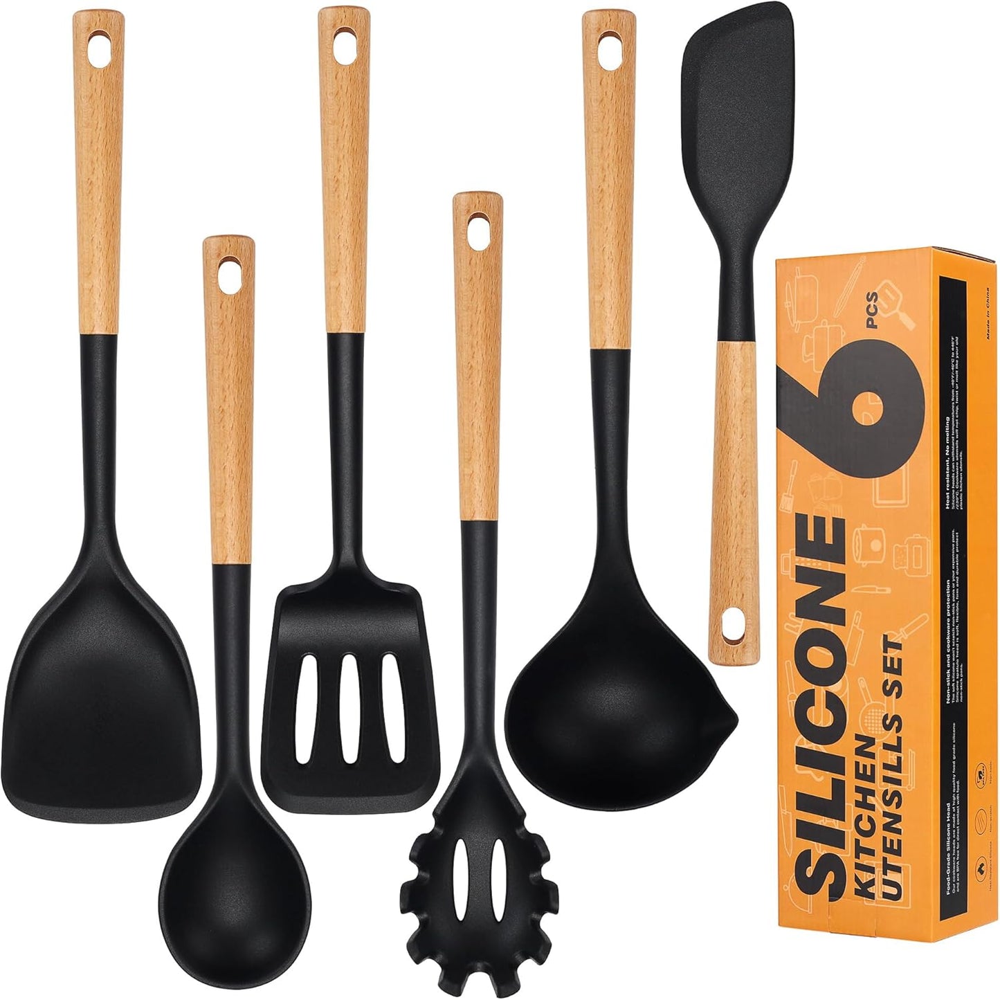 Silicone Cooking Utensils Set, Heat Resistance Large Kitchen Utensils Set with Long Wooden Handle, BPA-free Silicone Spatula, 6 Pcs Cooking Spoons for Non Stick Frying Pans and Pots（Black）