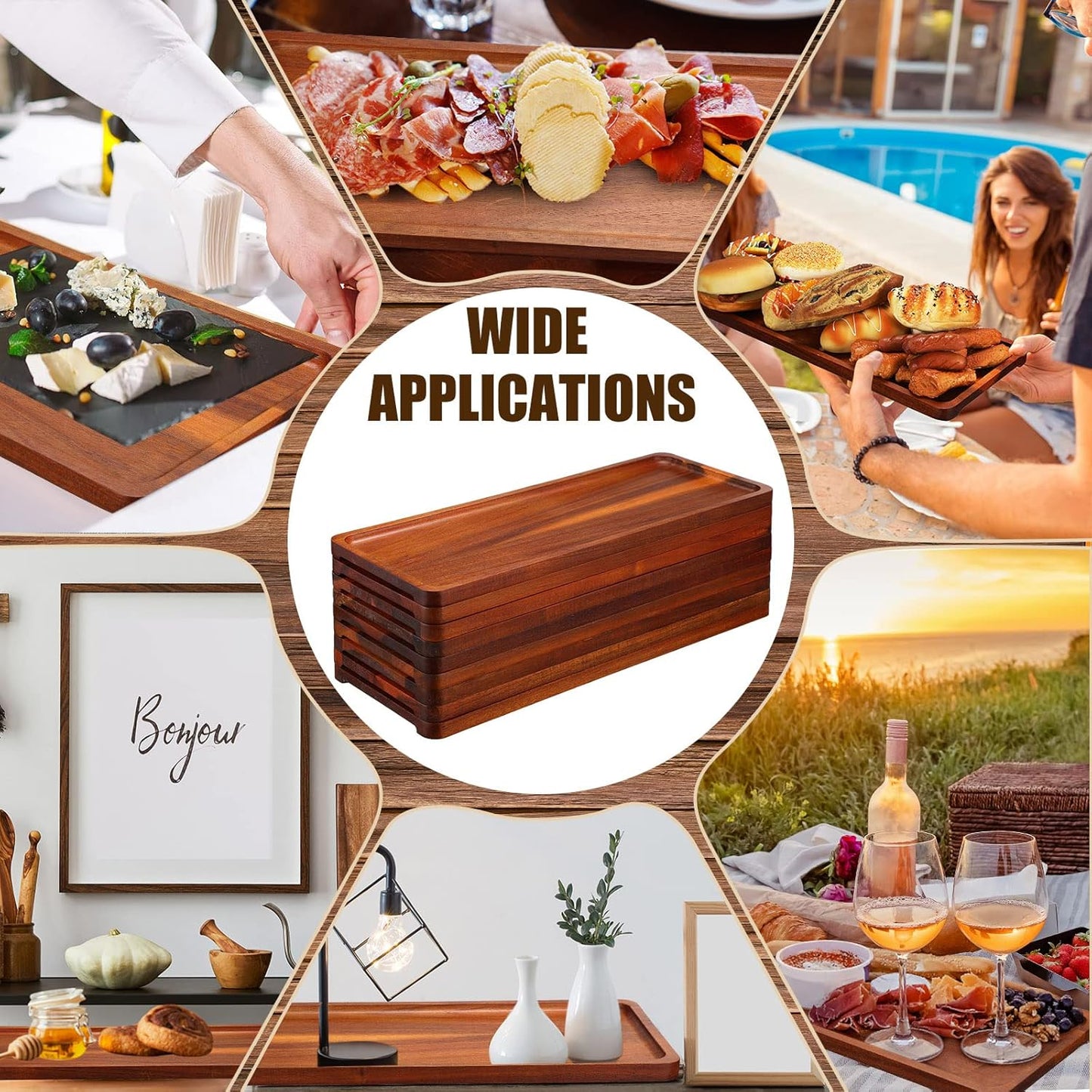 10 Pack Solid Wood Serving Trays 16.7 x 6.4 Inch Acacia Wooden Server Platter Rectangular Charcuterie Boards with Grooved Handle for Home Room Coffee Cheese Appetizer Table Farmhouse Serving Decor