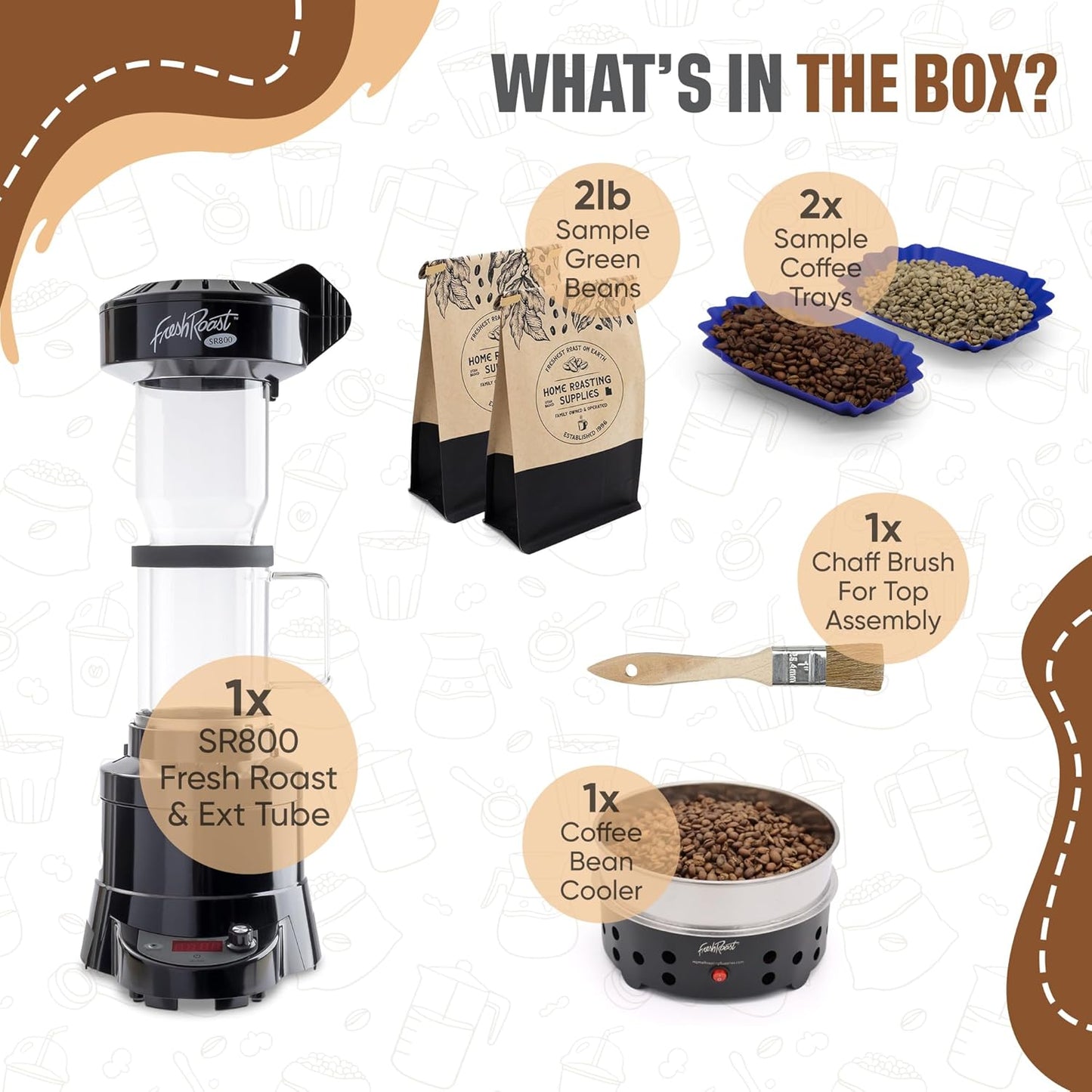 Fresh Roast Coffee Roaster Bundle SR800, Glass Extension Tube, Coffee Bean Cooler, (2 Lbs) Sample Pack of Green Beans, (2- pack) Sample trays