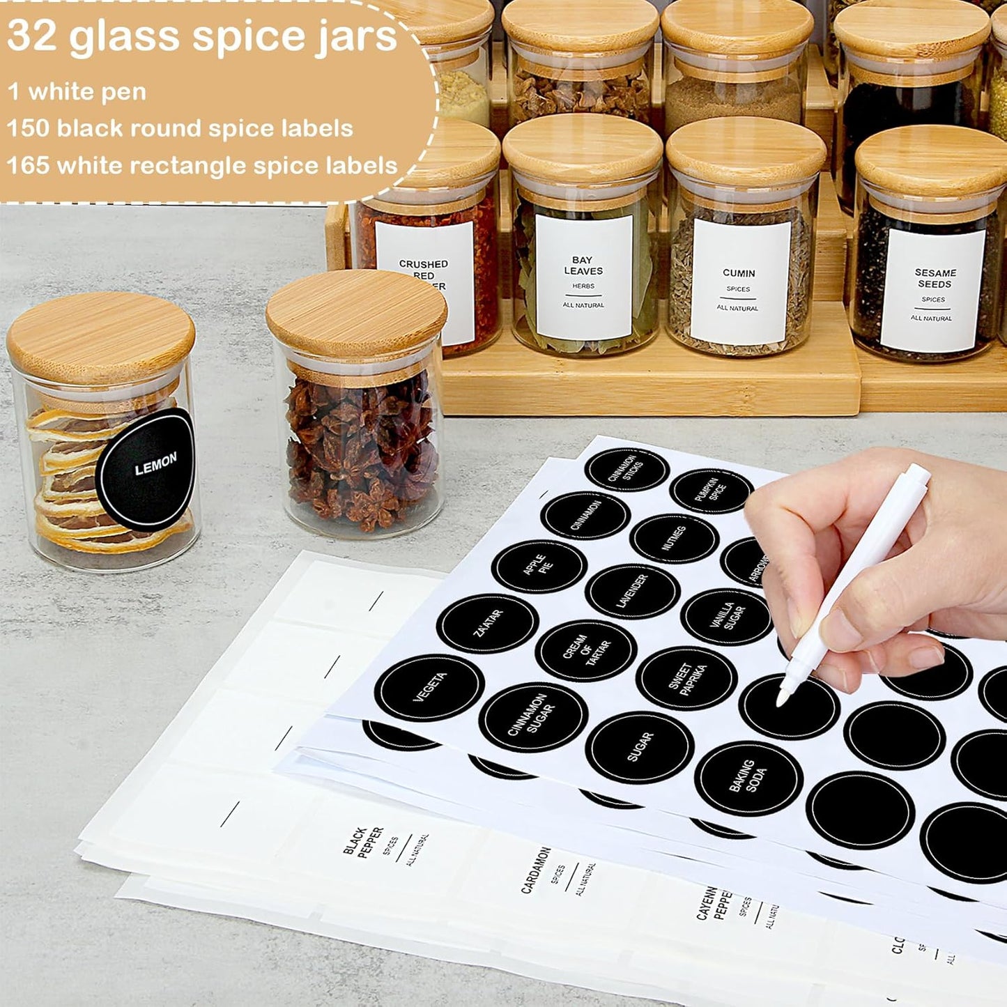4OZ Glass Spice Jars with Bamboo Lids and 315 Labels, 32 Pcs Clear Food Storage Containers for Kitchen Sugar Salt Coffee Tea Beans