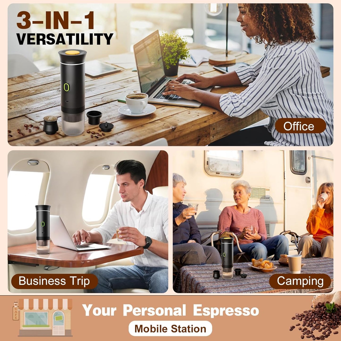 Portable Battery Espresso Coffee Maker for Travel, 20 bar Mini Car Espresso Machines, 3-in-1 Self-Heating Electric Espresso Maker, USB-C Ground Coffee & Capsule Pod(Ns&DG) RV, Hiking, Office