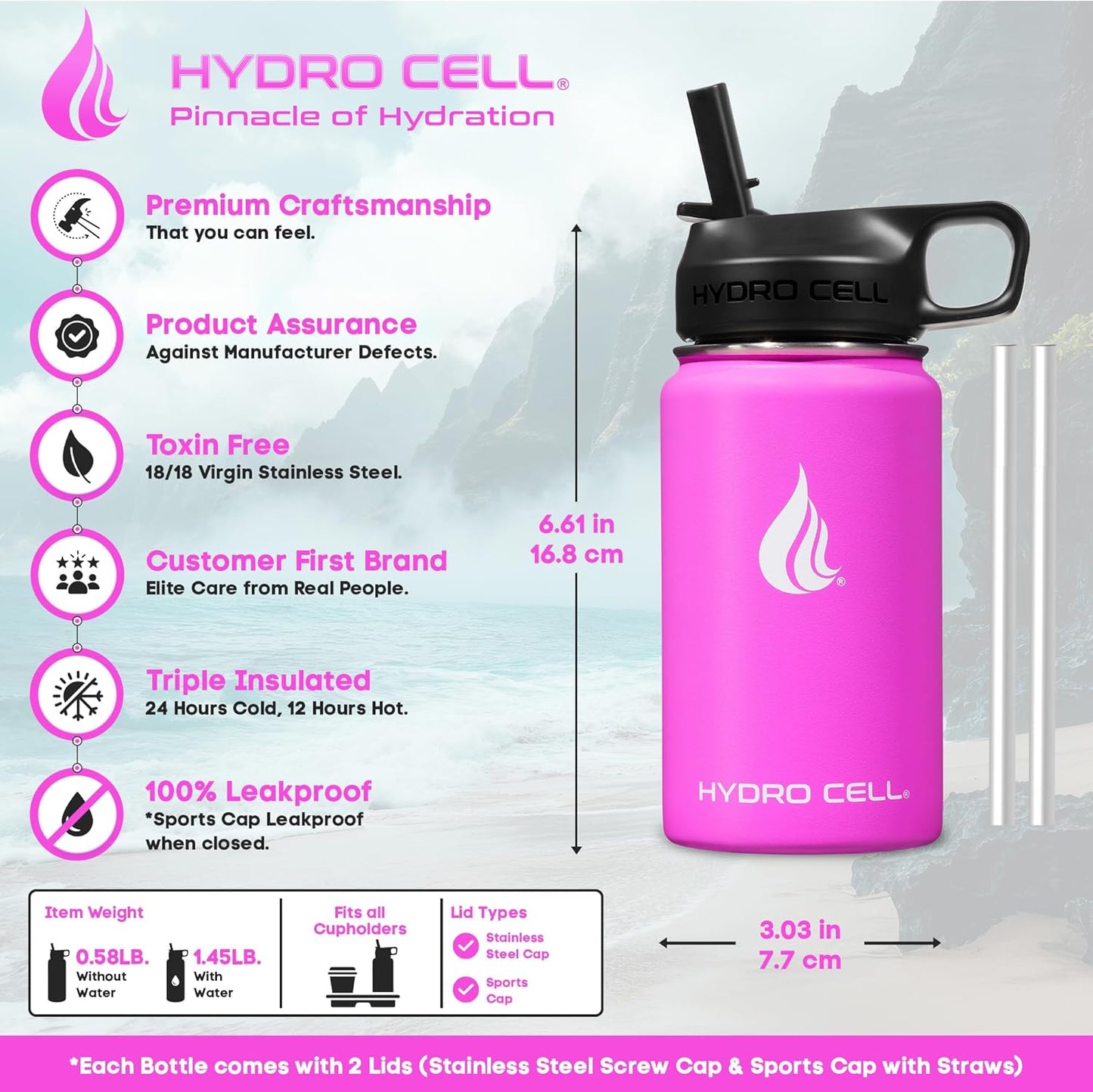 HYDRO CELL Stainless Steel Insulated Water Bottle with Straw - For Cold & Hot Drinks - Metal Vacuum Flask with Screw Cap and Modern Leakproof Sport Thermos for Adults (Fuchsia 14oz)