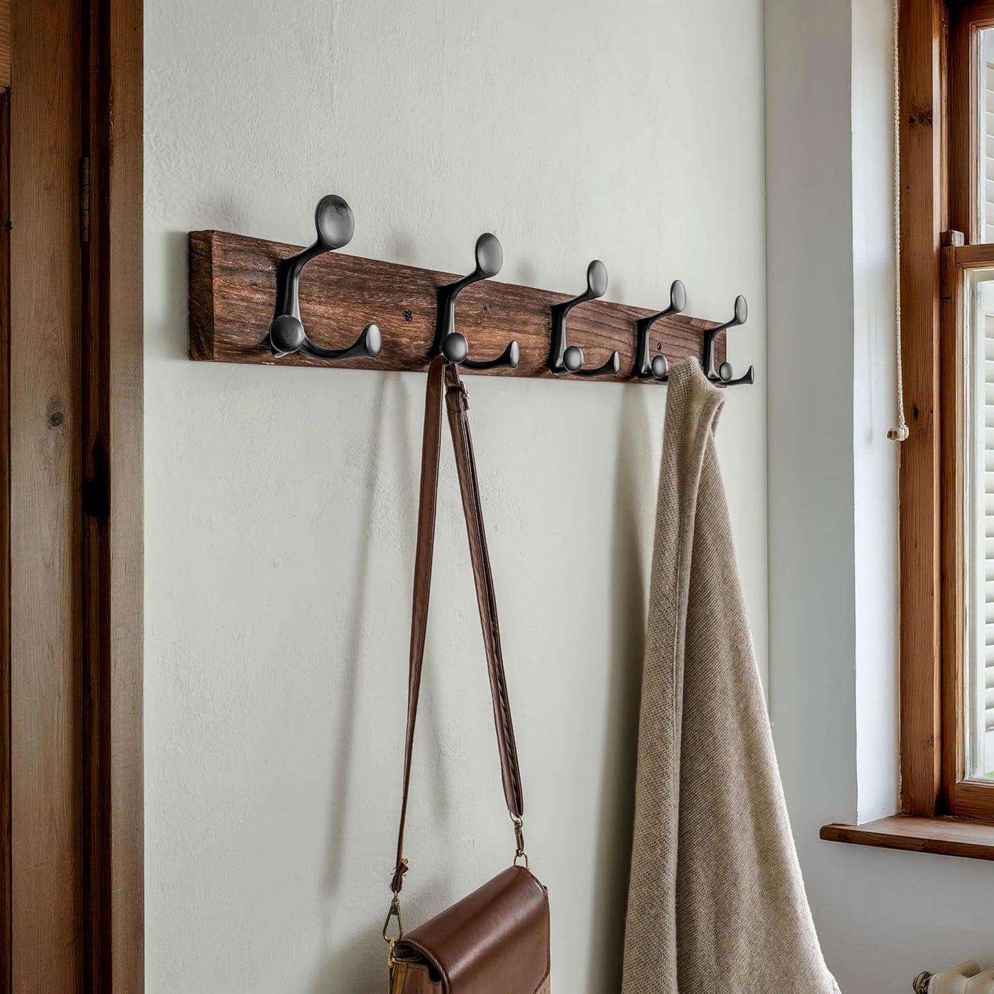 SKOLOO 30-Inch Wood Burnt Coat Rack Wall Mount with 5 Triple Hooks - Ideal for Family Entrances, Classrooms, and Pet Supplies Storage - Perfect Coat Hooks for Wall