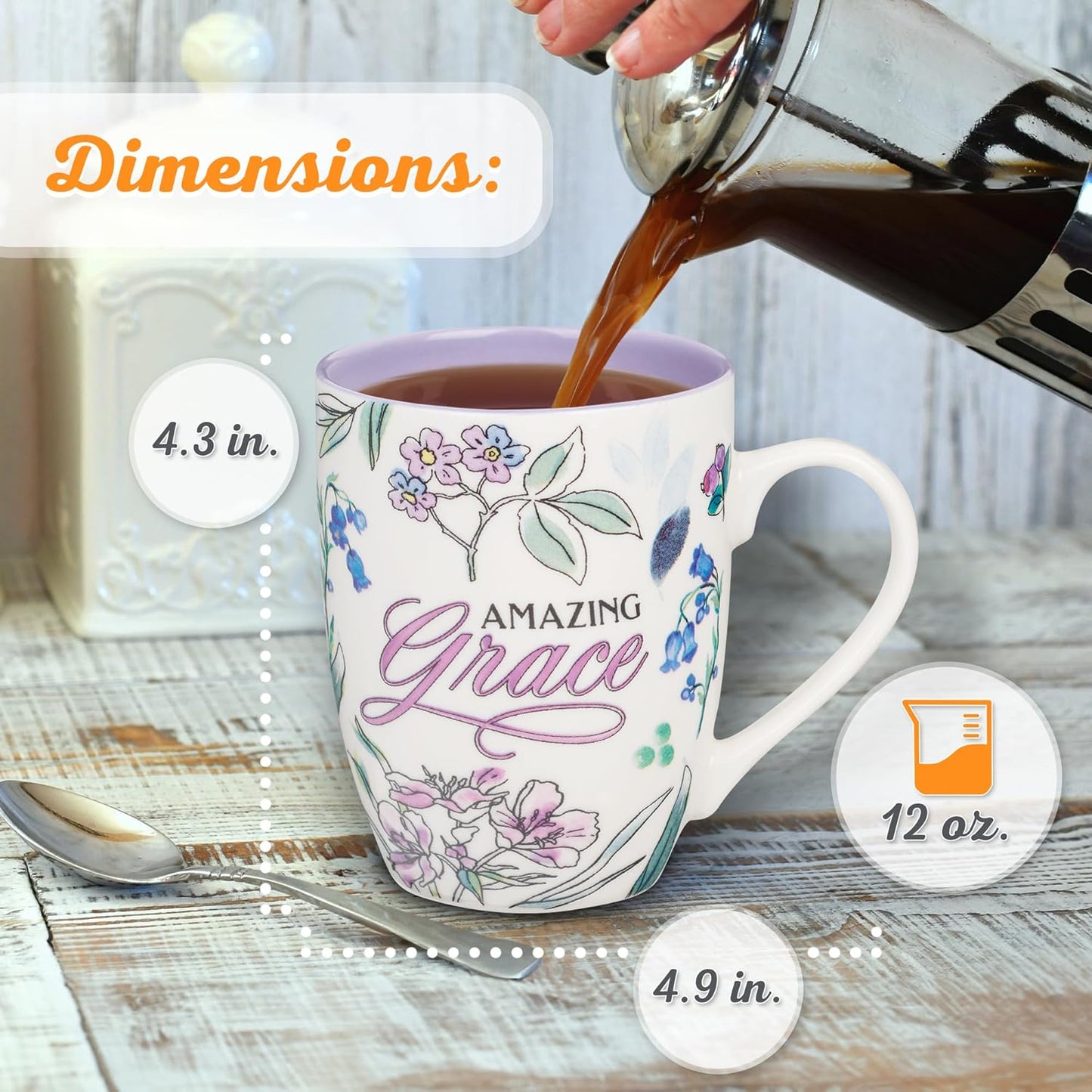 Christian Art Gifts Inspirational Ceramic Coffee & Tea Mug for Women: Amazing Grace, Cute Encouraging Lead-free Microwave & Dishwasher Safe Drinkware, White & Lavender Purple Multicolor Floral, 12 oz.