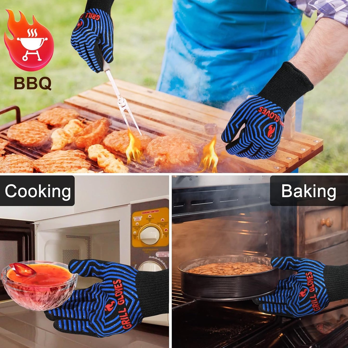 QUWIN BBQ Gloves, Oven Gloves 1472℉ Extreme Heat Resistant, Grilling Gloves Silicone Non-Slip Oven Mitts, Kitchen Gloves for BBQ, Grilling, Cooking, Baking-1 Pair… (Black Blue, One SizeLong Cuff
