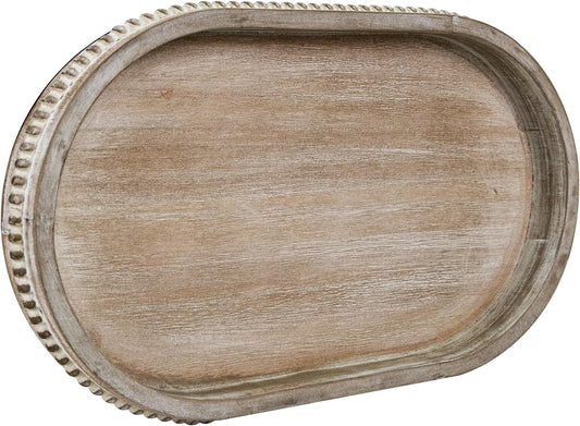MAONAME Wood Serving Tray, Farmhouse Wooden Tray for Coffee Table, Oval Beaded Trays, Washed White Decorative Trays for Living Room, Kitchen, 15" X 9" X 1.2"