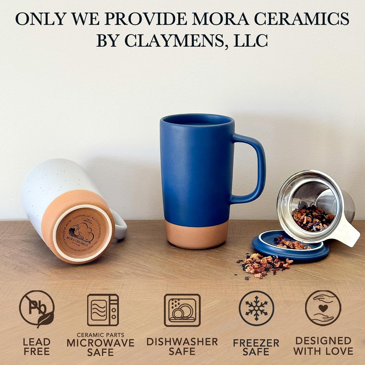 Mora Ceramics Large Tea Mug with Loose Leaf Infuser and Ceramic Lid, 18 oz, Portable, Microwave and Dishwasher Safe, Tall Coffee Cup - Rustic Matte Ceramic Glaze, Modern Herbal Tea Strainer, Deep Blue