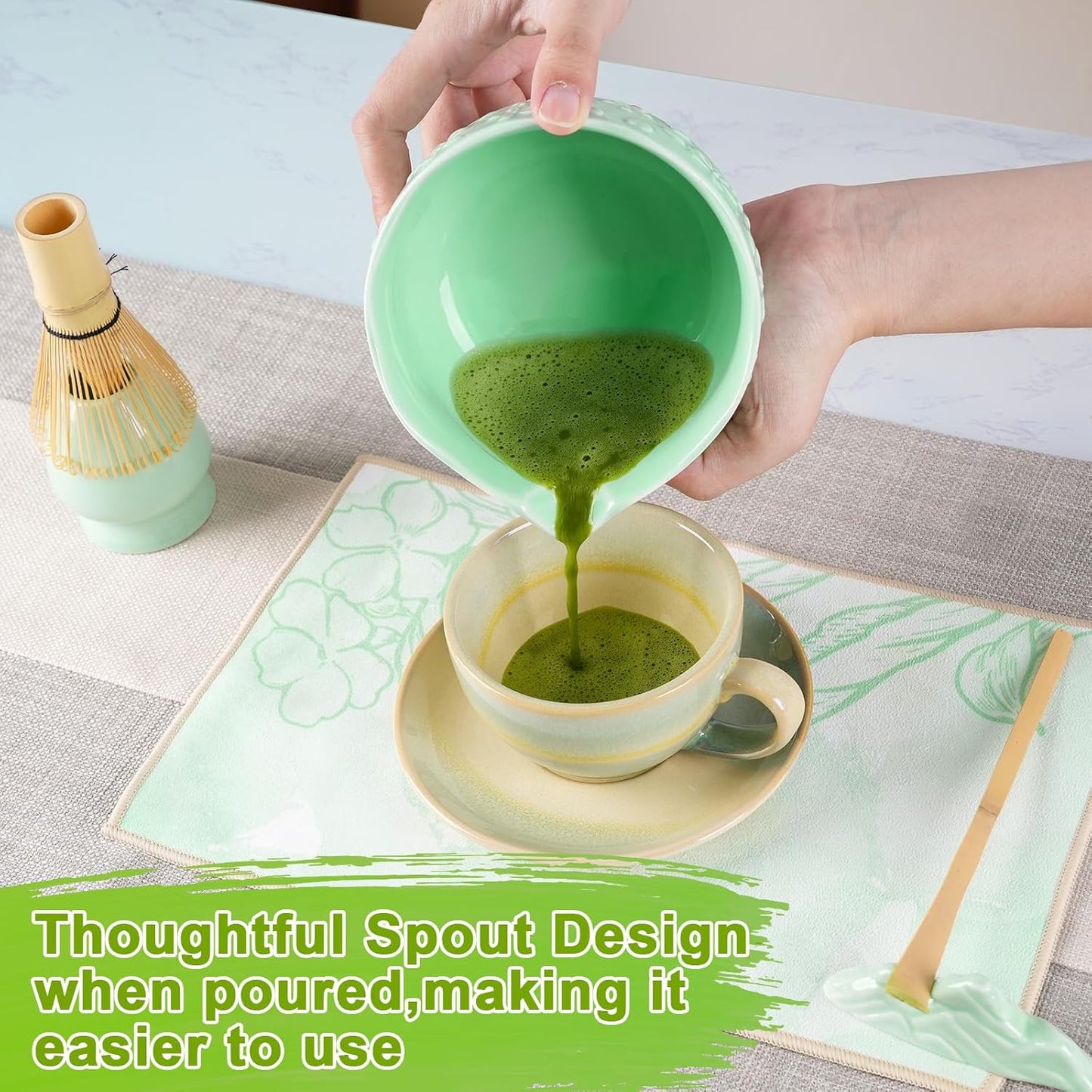 Matcha Whisk Set, Matcha Set 7 Pieces - Ceramic Matcha Bowl with Spout, Bamboo Chasen Whisk & Holder, Scoop, Sifter, Tea Towel - Complete Kit for Matcha Tea Ceremony, Latte, Ideal Gift(Green)