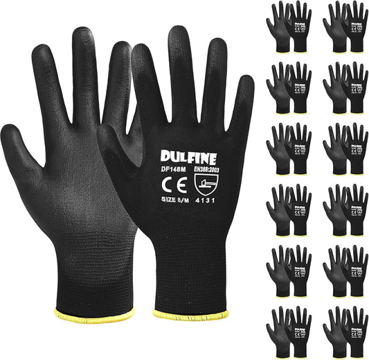 DULFINE Ultra-Thin PU Coated Work Gloves-12 Pairs,Excellent Grip,Nylon Shell Black Polyurethane Coated Safety Work Gloves, Knit Wrist Cuff,Ideal for Light Duty Work. (Small)
