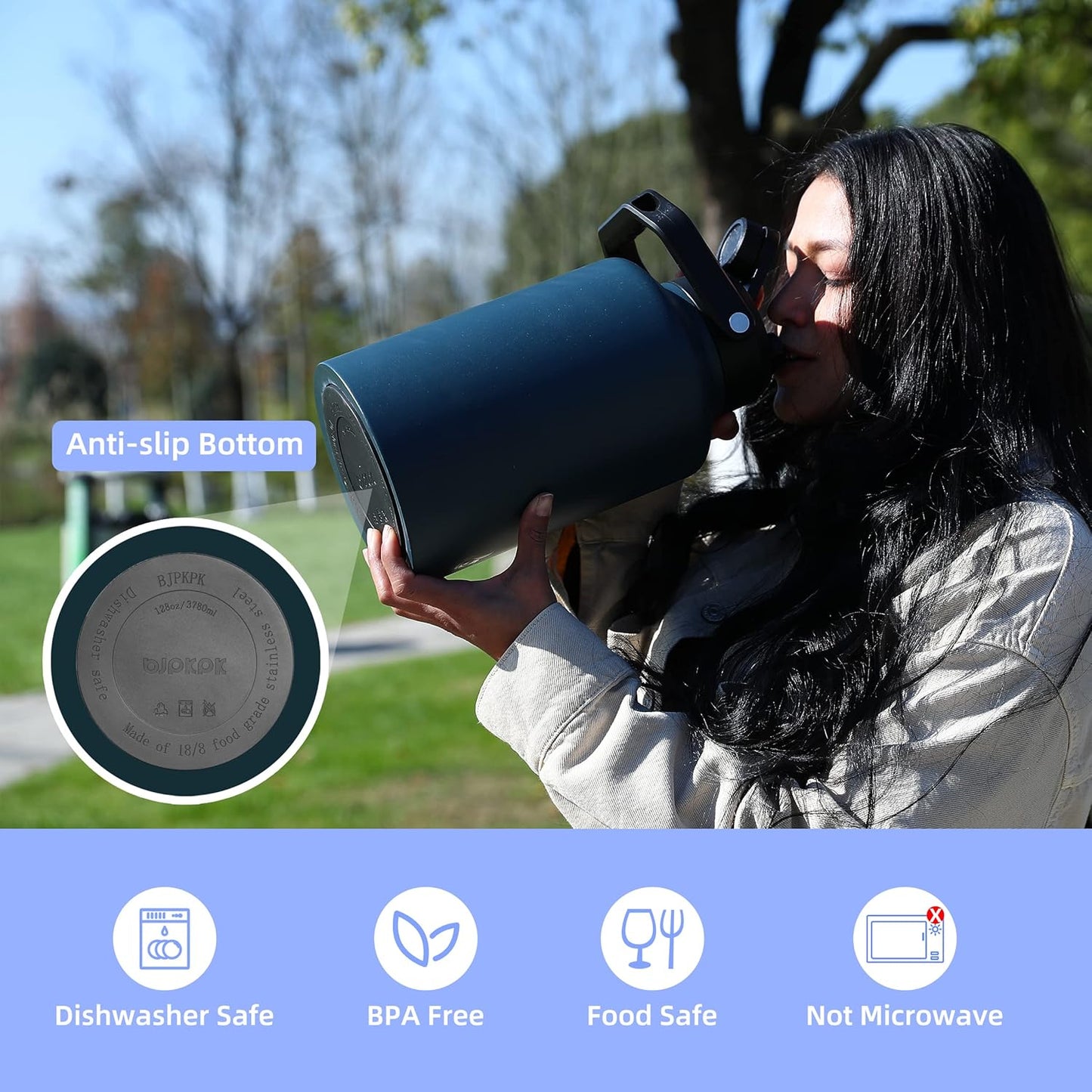 BJPKPK One Gallon(128 oz) Insulated Water Bottle, Dishwasher Safe Stainless Steel Thermos, BPA Free Jug with Ergonomic Handle & Anti-slip Bottom, Large Water Bottle, Black