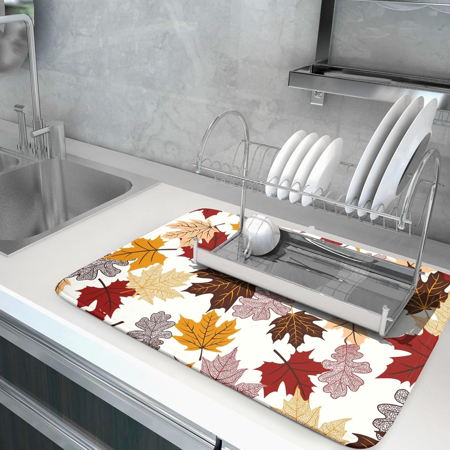 Giwawa Maple Leaf Dish Drying Mat Large 18x24 inches Fall Autumn Colorful Leaves Dish Drainer Mats Thanksgiving Decorative Fast Drying Reversible Absorbent Dish Drying Pad for Kitchen Countertop