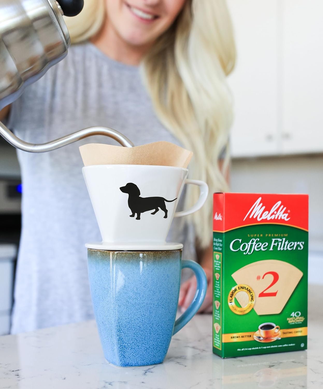 Dachshund Ceramic Coffee Pour Over or Dripper with Full Box of 40 Melitta Brown Size #2 Filters