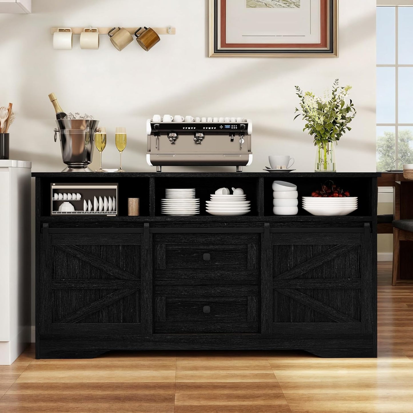 YITAHOME Buffet Cabinet with Drawers, 59" Large Sideboard Buffet Storage Cabinet with Shelves and Doors, Modern Farmhouse Coffee Bar Station Wood Kitchen Table for Kitchen, Dining Room, Black