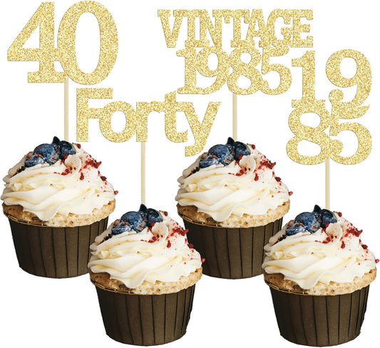 Gyufise 24Pcs Happy 40th Birthday Cupcake Toppers Glitter Forty 40 Fabulous Vintage 1985 Cake Toppers for 40th Birthday Wedding Anniversary Party Cake Decorations Supplies Gold