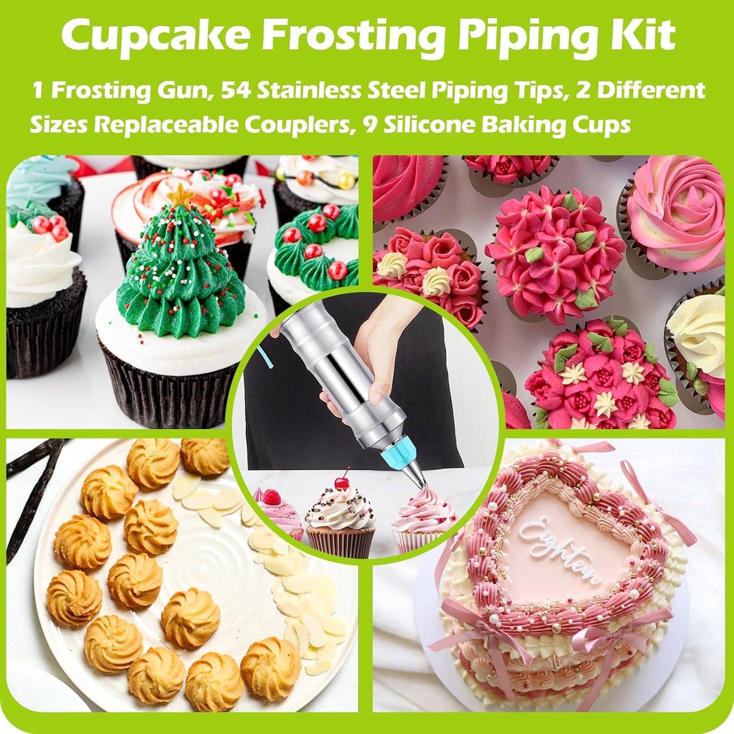 Suuker Dessert Decorating Syringe Set, Frosting Piping Kit Stainless Steels Cake Decorating Tools with 54 Piping Tips, 9 Silicone Baking Cups, Cupcake Decorating Kit