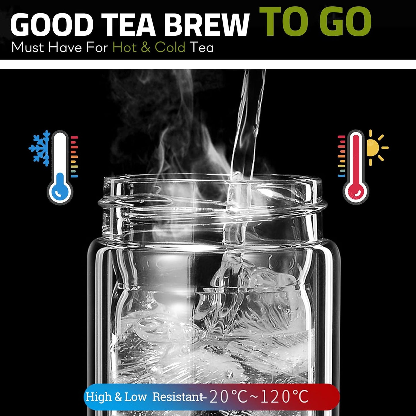 Tea Tumbler with Infuser, 20oz Double Wall Borosilicate Glass Tea Bottle, 100% Leak-Proof with Stainless Steel Filter
