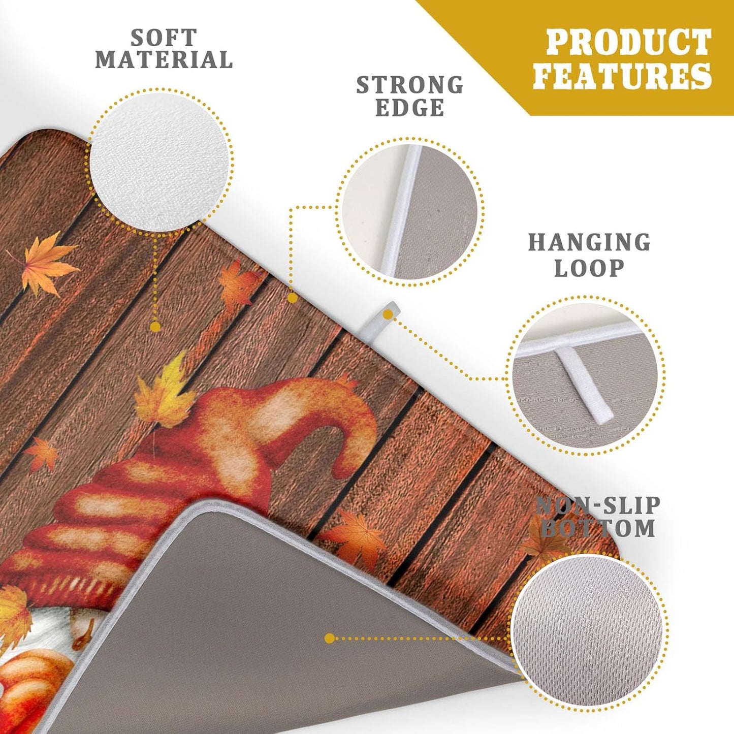 Fall Gnome Dish Drying Mat for Kitchen Counter,Autumn Pumpkin Maple Leaves Drying Mat 18 x 24 Inch Microfiber Dark Brown Wood Dish Drying Pad Dish Rack Drainer Mat Thanksgiving Day Decor