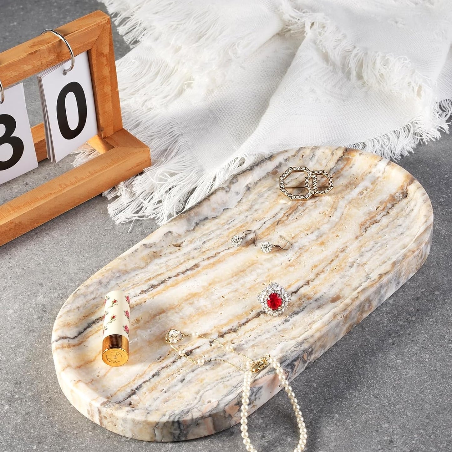 Koville Natural Marble Bathroom Tray for Decor Countertop, Marble Vanity Tray for Candles Perfume, Jewelry, Cosmetics, Stone Decorative Trays for Dresser Organizer(White Traonyx)