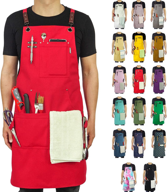 Kitchen Apron, Work Apron, Canvas, Multiple Pockets, Gardening, Painting, BBQ, Artist, Carpenter, Sizes M to XXL, Red