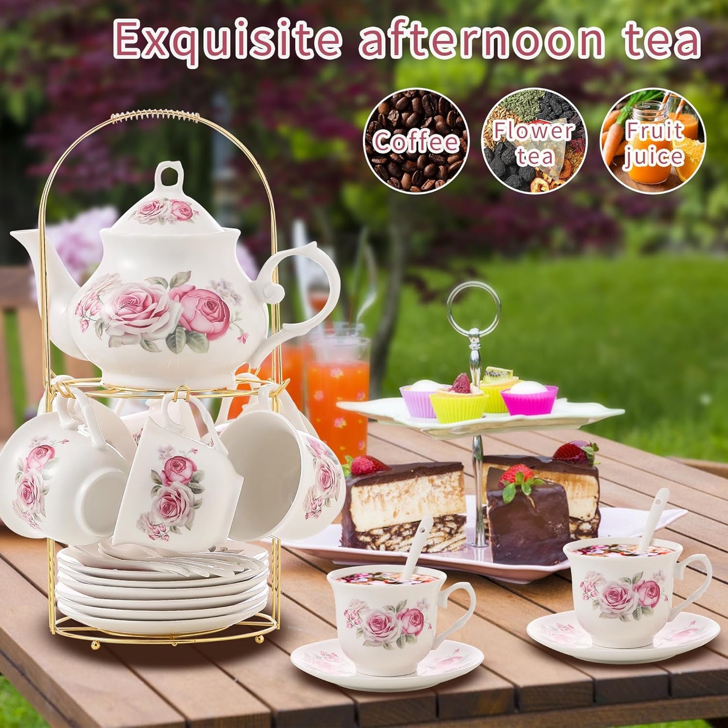 20-Pieces Tea Set For Adult with Golden Metal Rack,Porcelain Tea Sets For Women,Tea Gift Sets for Home&Party(016)