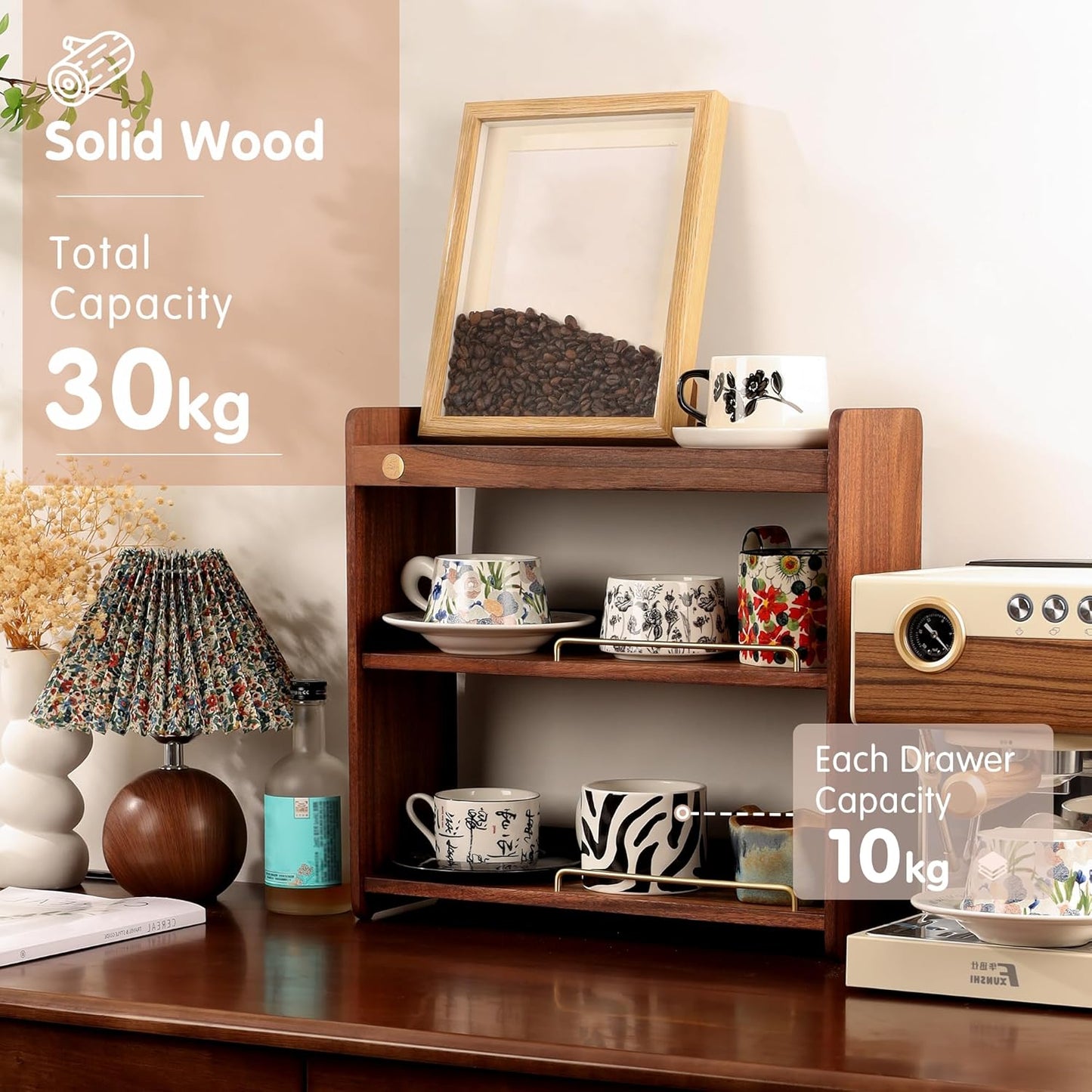 Coffee Mug Holder Wooden Cup Rack Mug Display Shelf Coffee Cup Holder for Countertop With 6 Mug Cups 3 Tier Wood Coffee Mugs Holder for Kitchen Coffee Cup Storage