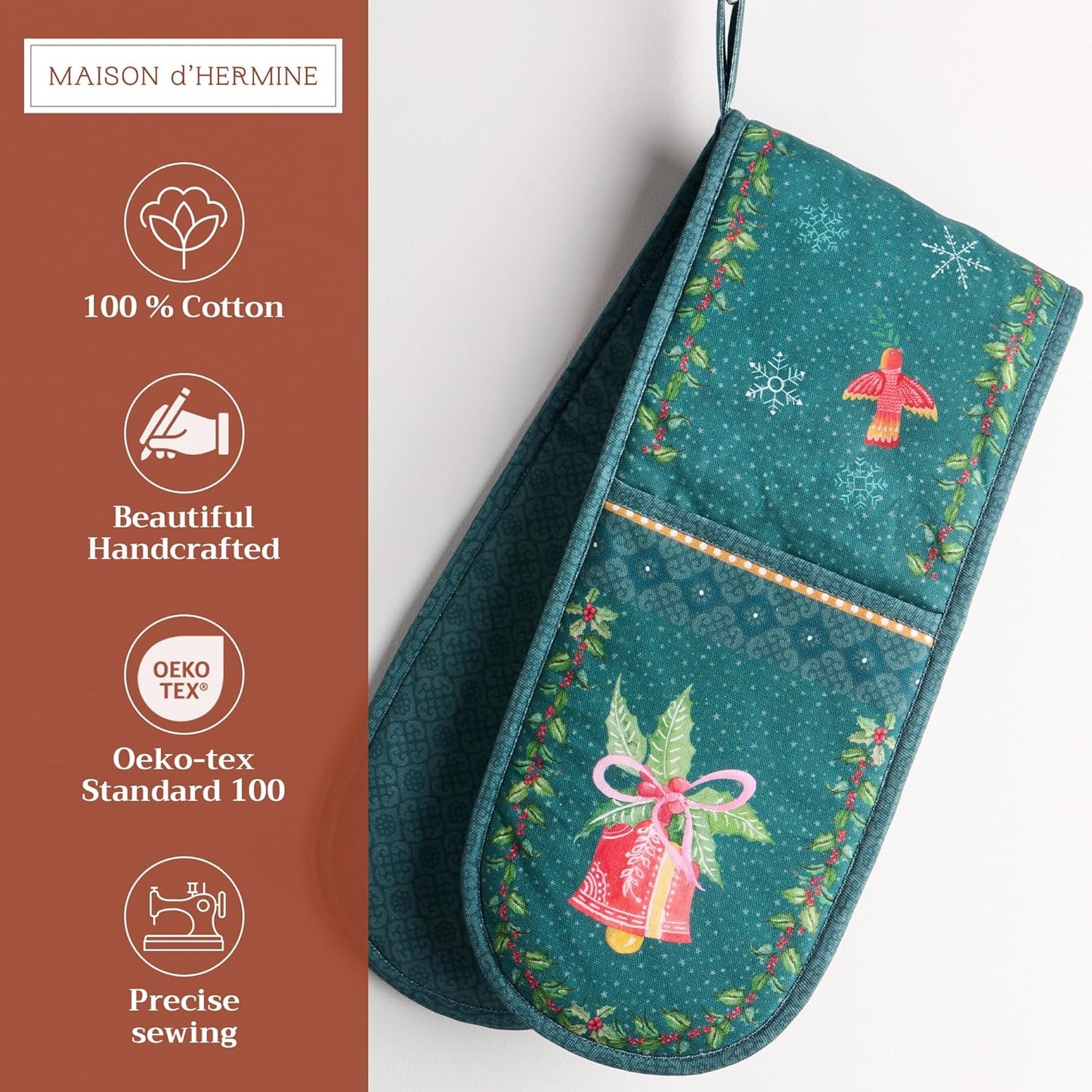 Maison d' Hermine Double Oven Mitts 100% Cotton 7"x35" Double Oven Mitt Heat Resistant BBQ Cooking Gloves with Loop, Baking, Grilling, Home, Kitchen, Handling Hot Pans (Hygge Christmas)