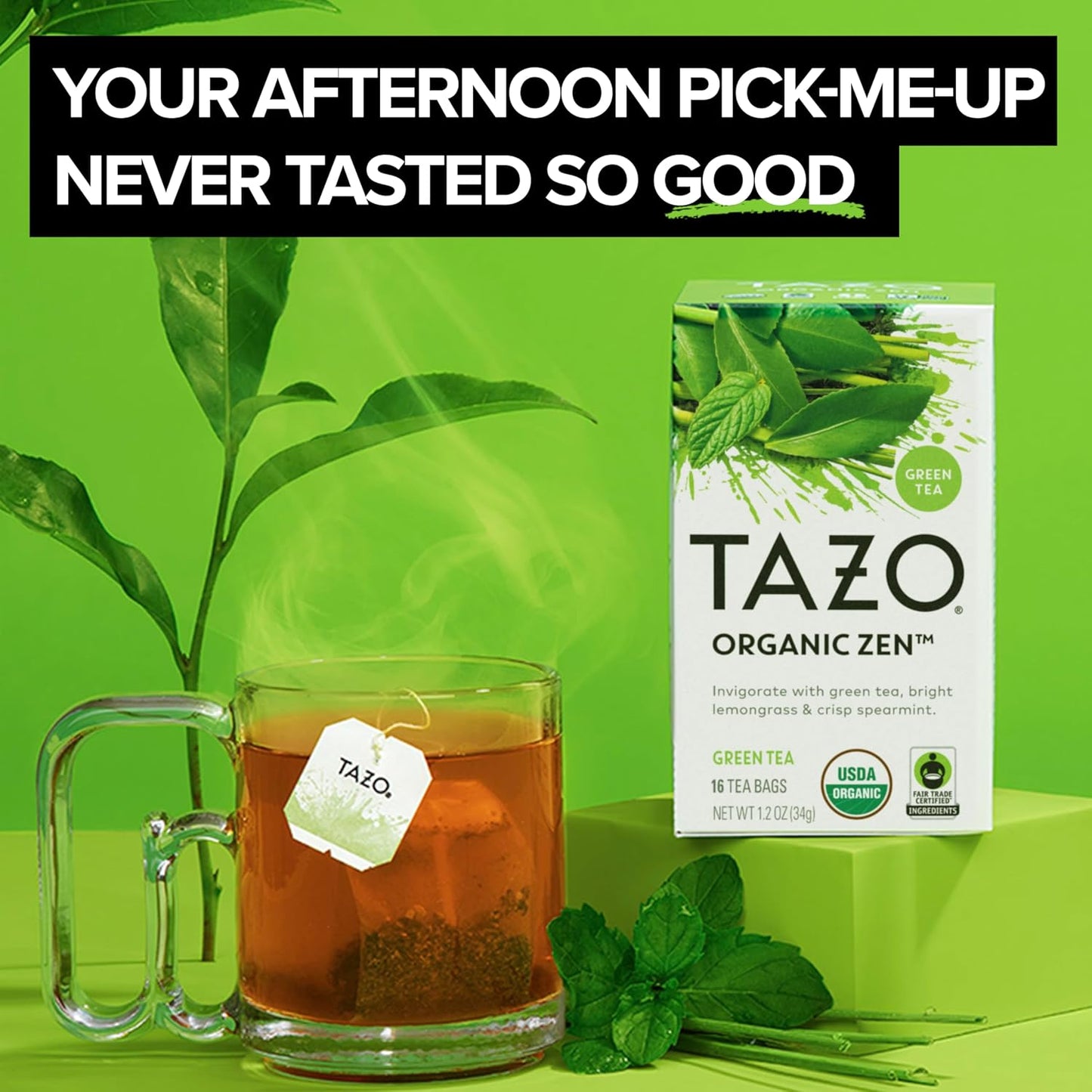 TAZO Organic Zen Green Tea, Caffeinated Tea with Refreshing Lemongrass & Spearmint, 16 Total Bags