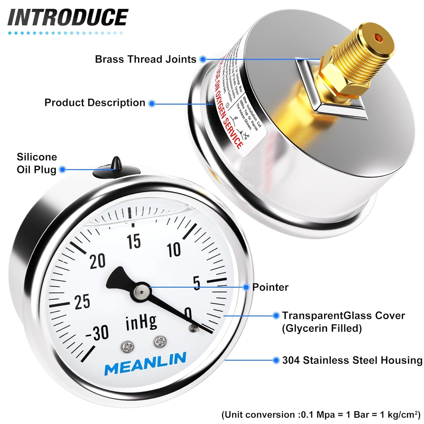 MEANLIN MEASURE -30inHG~0Psi Stainless Steel 1/4" NPT 2.5" FACE DIAL,Vacuum Liquid Filled Pressure Gauge,Single Scale, WOG Water Oil Air, Back Mount, with 1/2" NPT and 3/8" NPT Hex Bushing