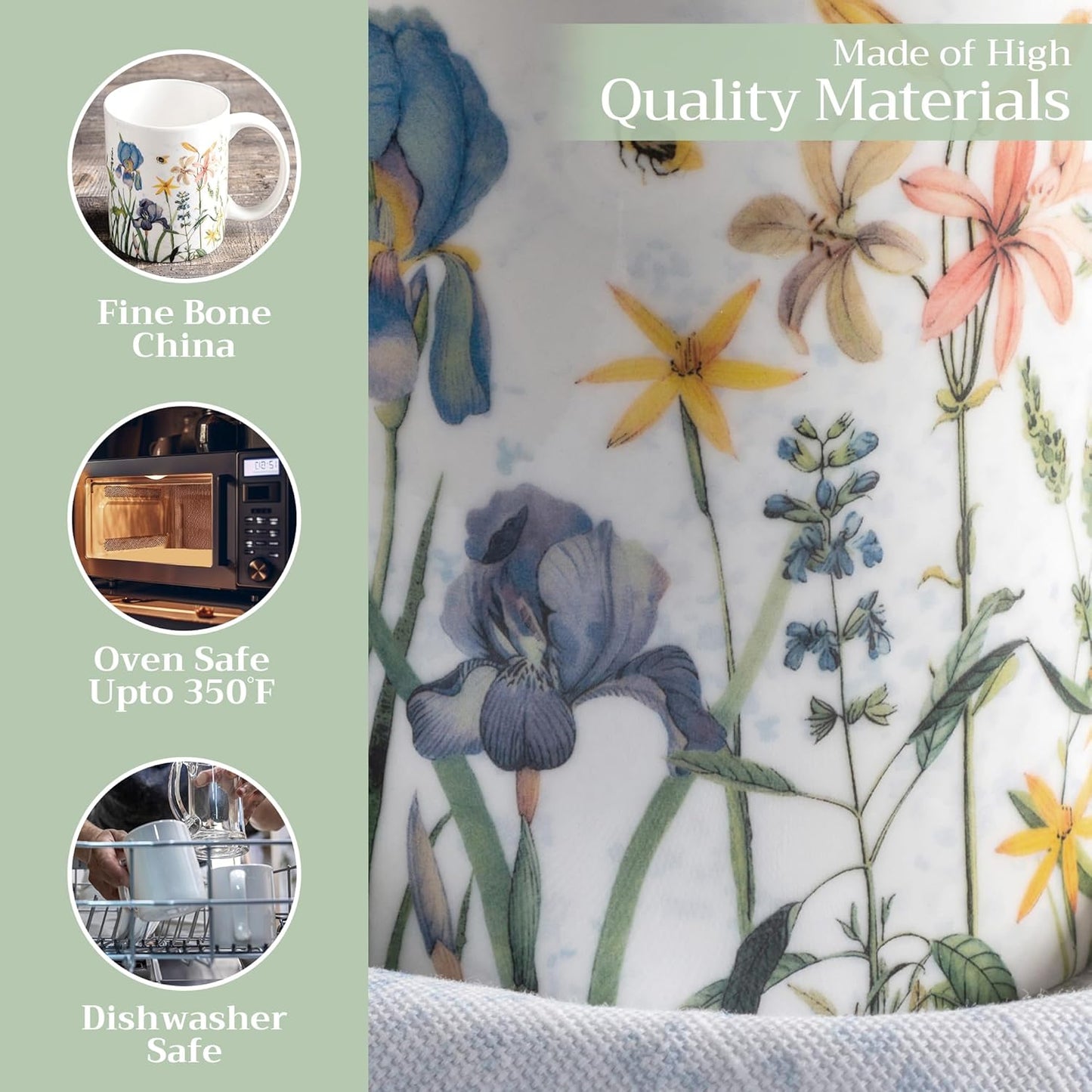 Maison d' Hermine Coffee Mug with Handles Fine Bone China Mugs Pack of One Tea Cups for Hot Beverages Cappuccino Latte Home Restaurant Office Perfect for Gift (Fleurs De Mai - Floral, 12 Ounce)