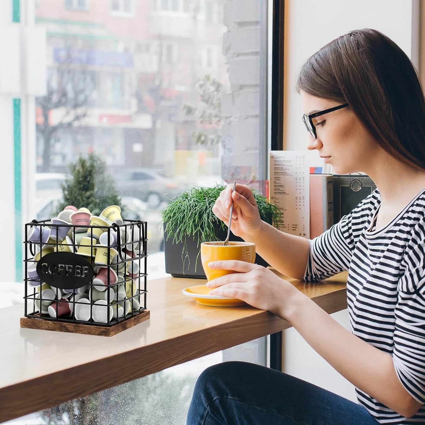 Coffee Pod Holder Organizer,Large Capacity K Cup Holder Organizer, Storage Basket for Kitchen Countertop Office Coffee Bar with Wooden Base(Rustic Brown-Square)
