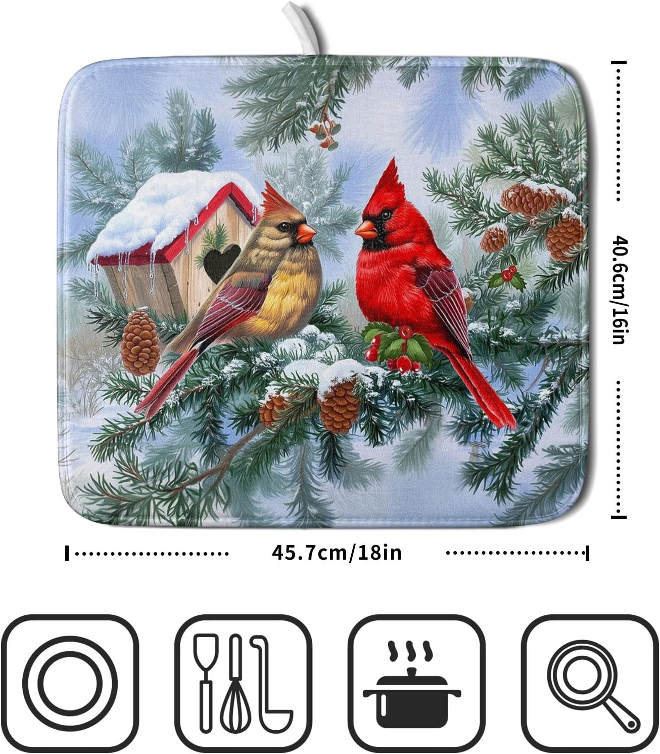 Winter Red Cardinal Bird Dish Drying Mat for Kitchen Counter,Holly Berry Branches Xmas Snowflake Cabin Drying Mat 16 x 18 Inch with High Absorbent Microfiber Drainer Mat for Coffee Bar