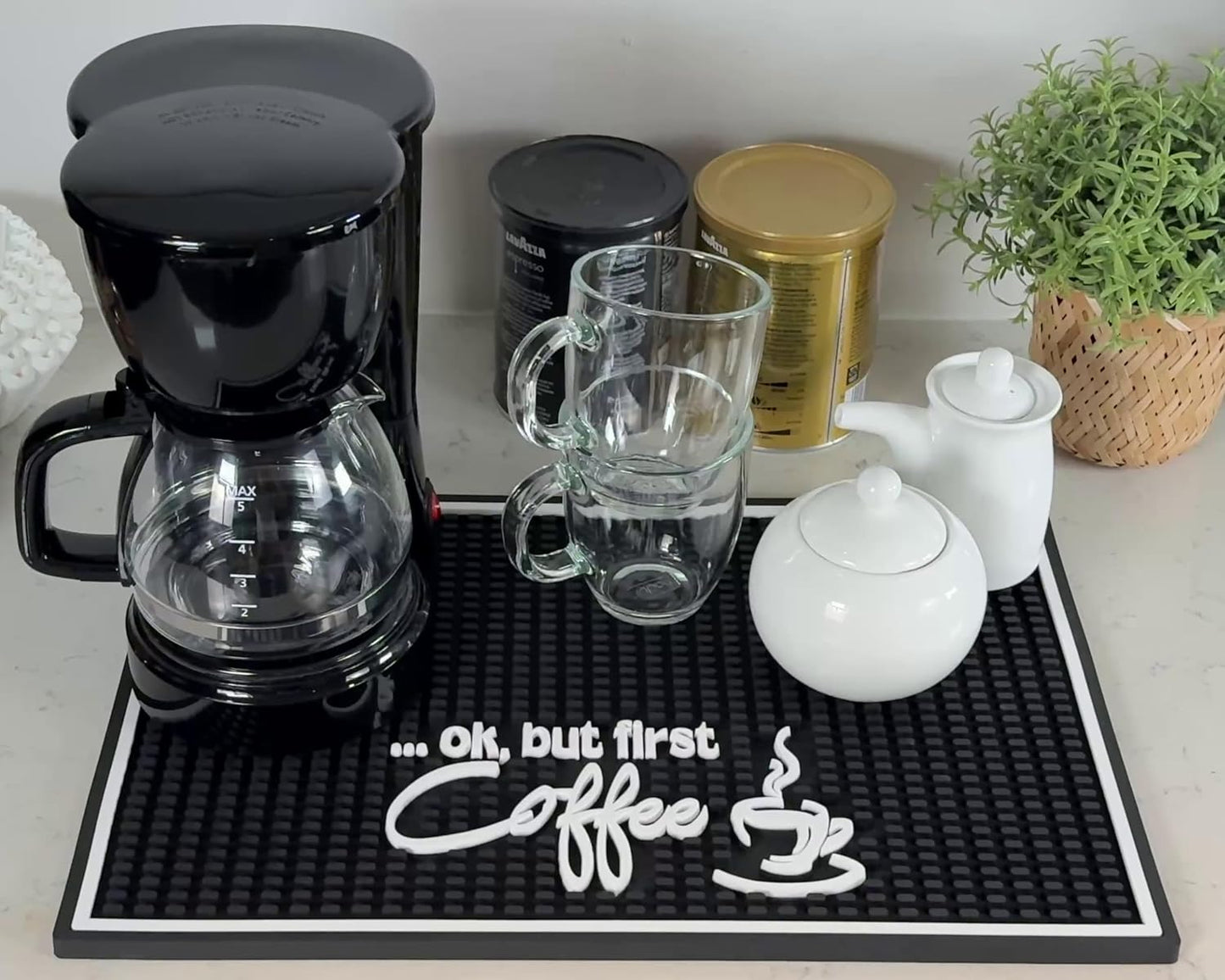 Ok But First Coffee Sign Rubber Bar Mat for Countertop, 18x12 Coffee Bar Mat, Coffee Bar Sign Counter Mat, Coffee Station Mat, Cocktail Rubber Mat