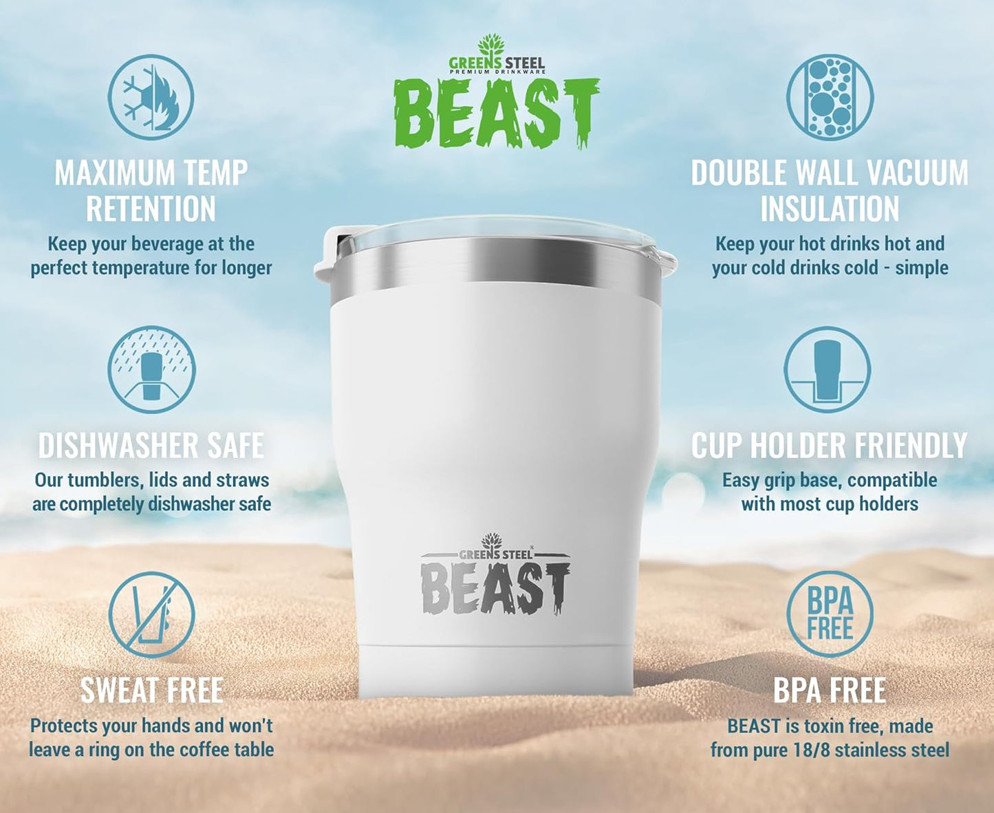 Beast 10 oz Tumbler Stainless Steel Vacuum Insulated Coffee Ice Cup Double Wall Travel Flask (Arctic White)