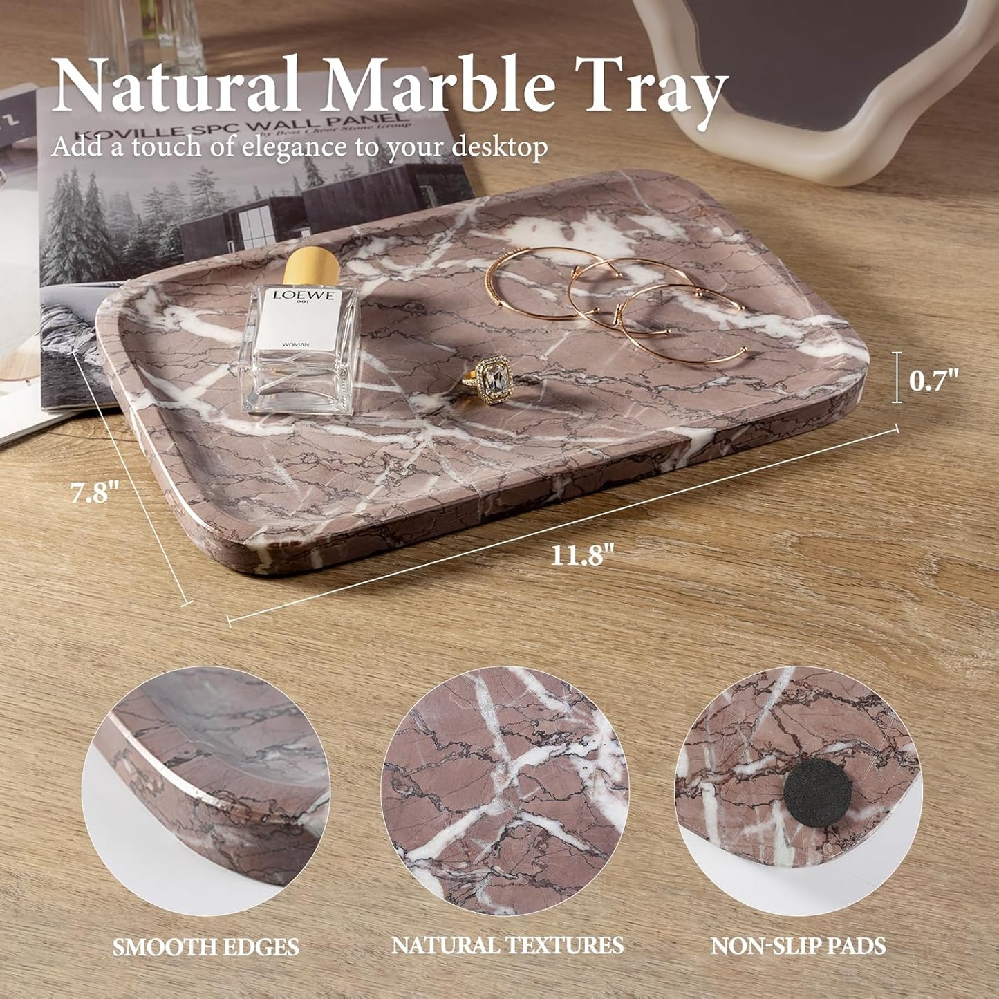 Koville Marble Tray, 12"x8" Marble Vanity Tray for Bathroom Kitchen Countertop, Rectangular Stone Tray for Cosmetics Perfume Trinket, Decorative Catchall Trays (Lilac)