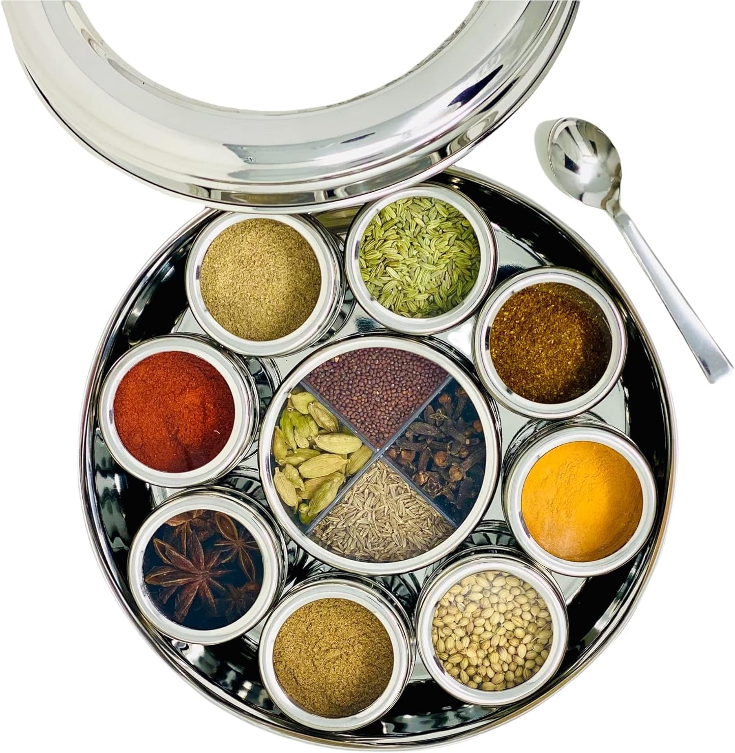 spice dabba Stainless Steel Indian Spice Box, Steel Masala Dabba 12 Spices, Lid Spice Box, Authentic Spices, Masala Box with Individual containers | Size 9 x 9 x 3 IN (Indian Spice Box Only)